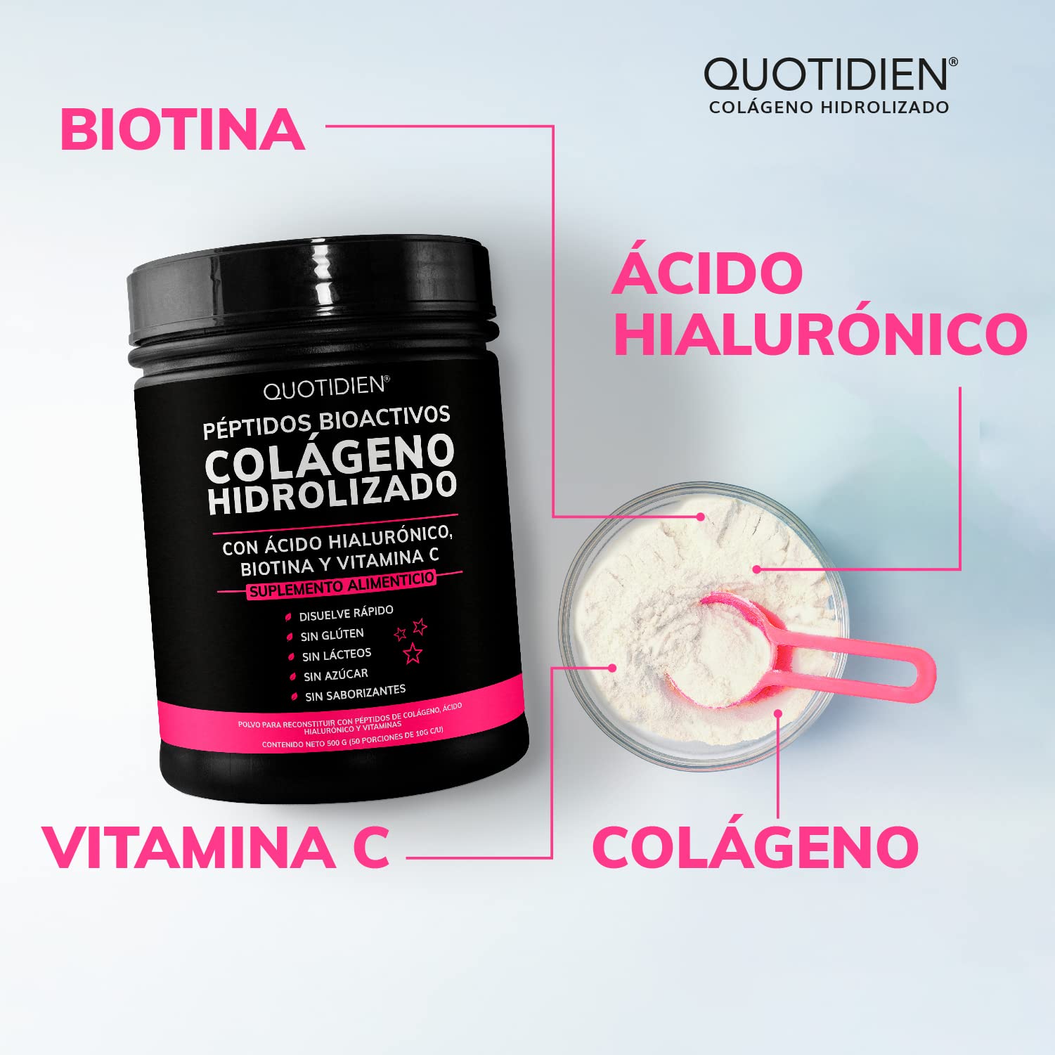 Suplemento Alimenticio Quotidien Péptidos Bioactivos Colageno Hidrolizado de Disolución Rápida Sin Azúcar para Piel y Uñas