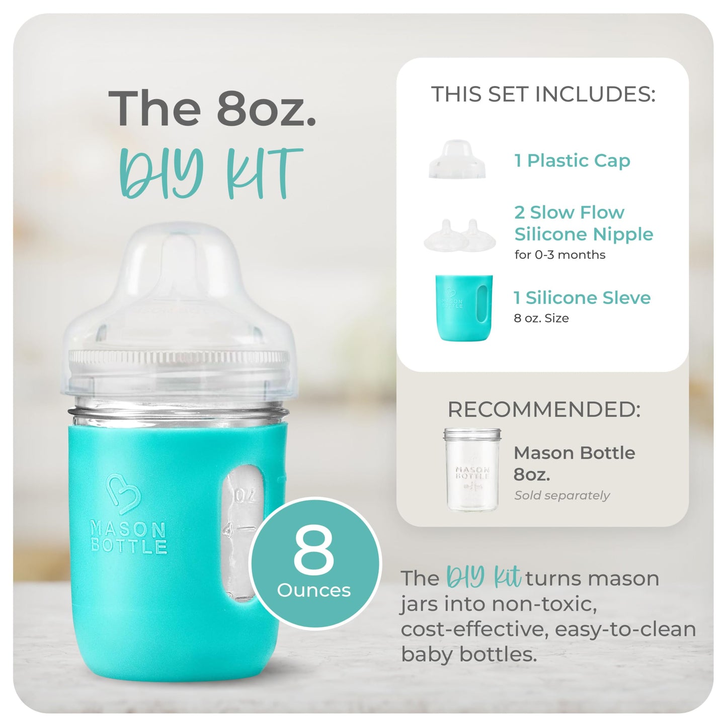 Mason Bottle DIY Kit (8 oz. Kit, Agave) Includes Silicone Sleeve, 2-Silicone Nipples, and Plastic Cap by Mason Bottle
