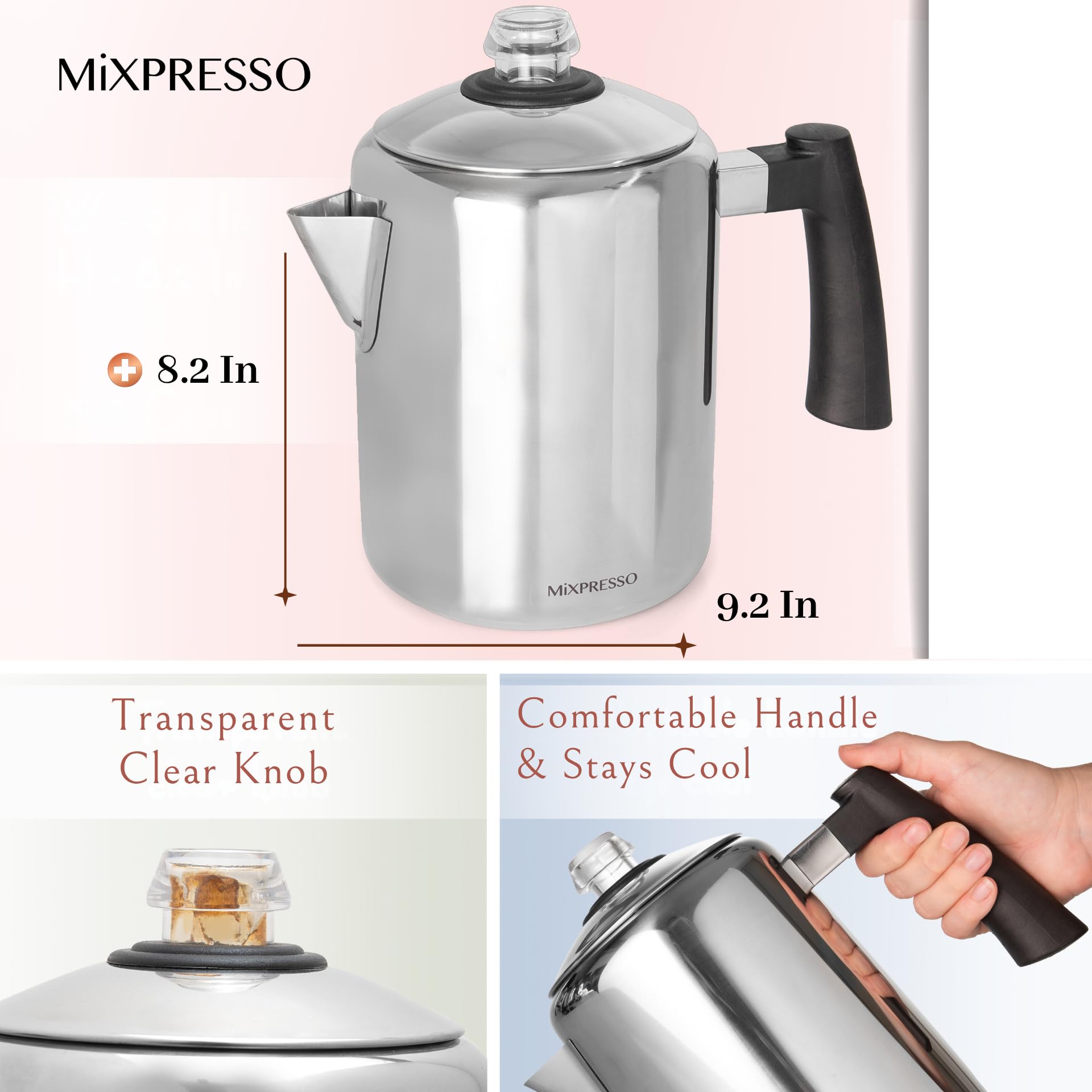 Mixpresso - Cafetera percoladora de acero inoxidable, excelente para camping, cafetera de 5 a 8 tazas