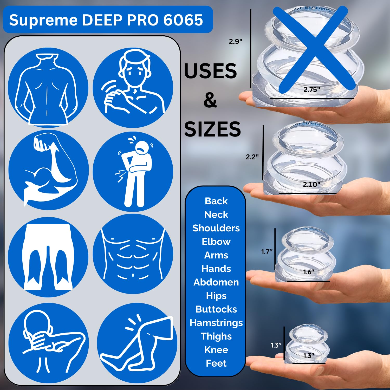 Cupping Warehouse Advanced Supreme 6 DEEP PRO 6065 Juego de terapia de ventosas profesional. Ventosas terapeuticas. Juego de ventosas de silicona mas dura para ventosas de masaje profundo.