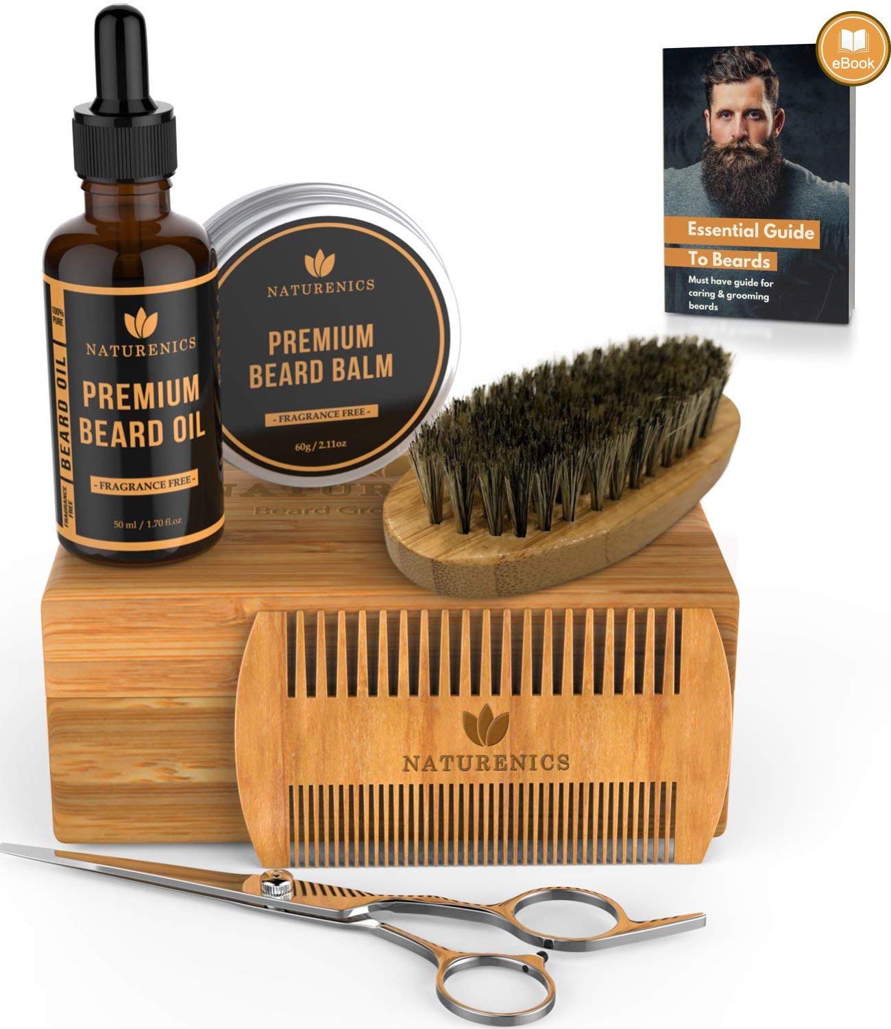 Naturenics Premium Beard Grooming & Trimming Kit for Mens Hair Care | Unscented Beard & Mustache Growth Oil, Wax Balm Butter, Brush, Dual Teeth Comb, Barber Scissors with Bamboo Gift Box & eBook