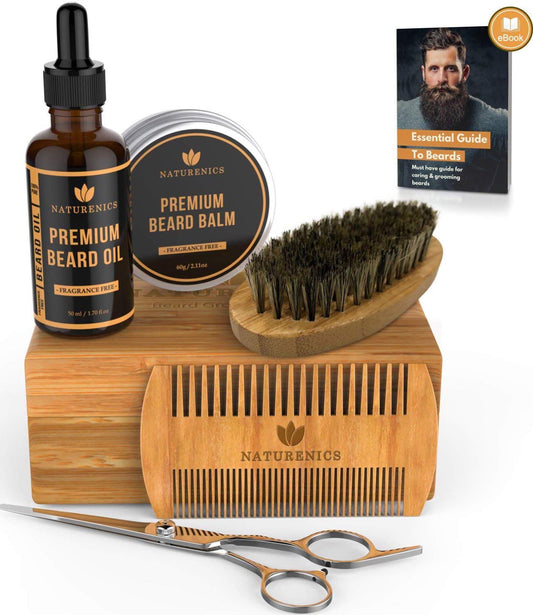 Naturenics Premium Beard Grooming & Trimming Kit for Mens Hair Care | Unscented Beard & Mustache Growth Oil, Wax Balm Butter, Brush, Dual Teeth Comb, Barber Scissors with Bamboo Gift Box & eBook