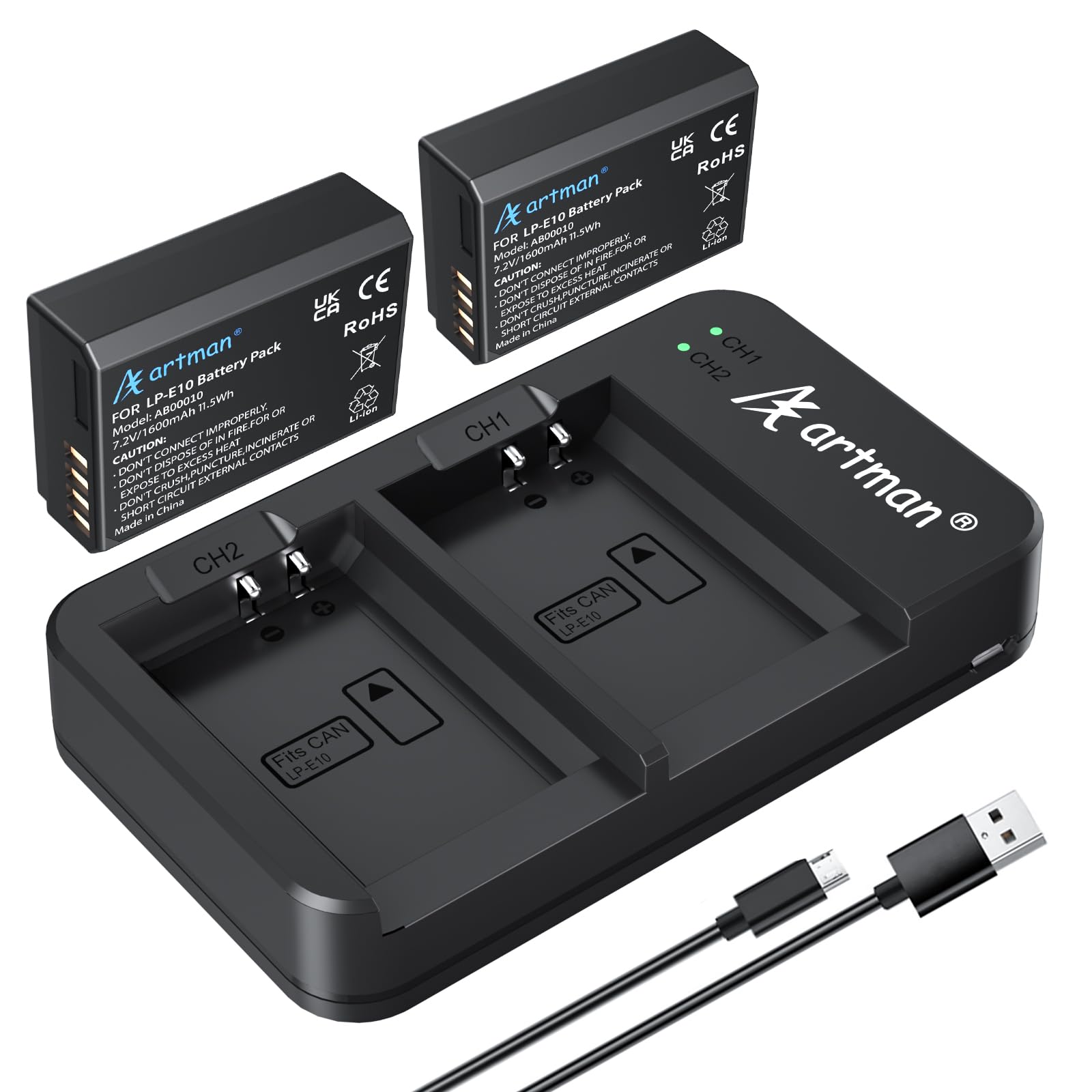 Artman LP-E10 Batería y Cargador USB Dual para Canon EOS Rebel T7 T6 T5 T3 T100, Kiss X50 Kiss X70 EOS 1100D/1200D/1300D/2000D Cámaras Digitales (2-Pack 1600mAh)