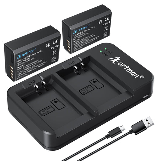 Artman LP-E10 Batería y Cargador USB Dual para Canon EOS Rebel T7 T6 T5 T3 T100, Kiss X50 Kiss X70 EOS 1100D/1200D/1300D/2000D Cámaras Digitales (2-Pack 1600mAh)