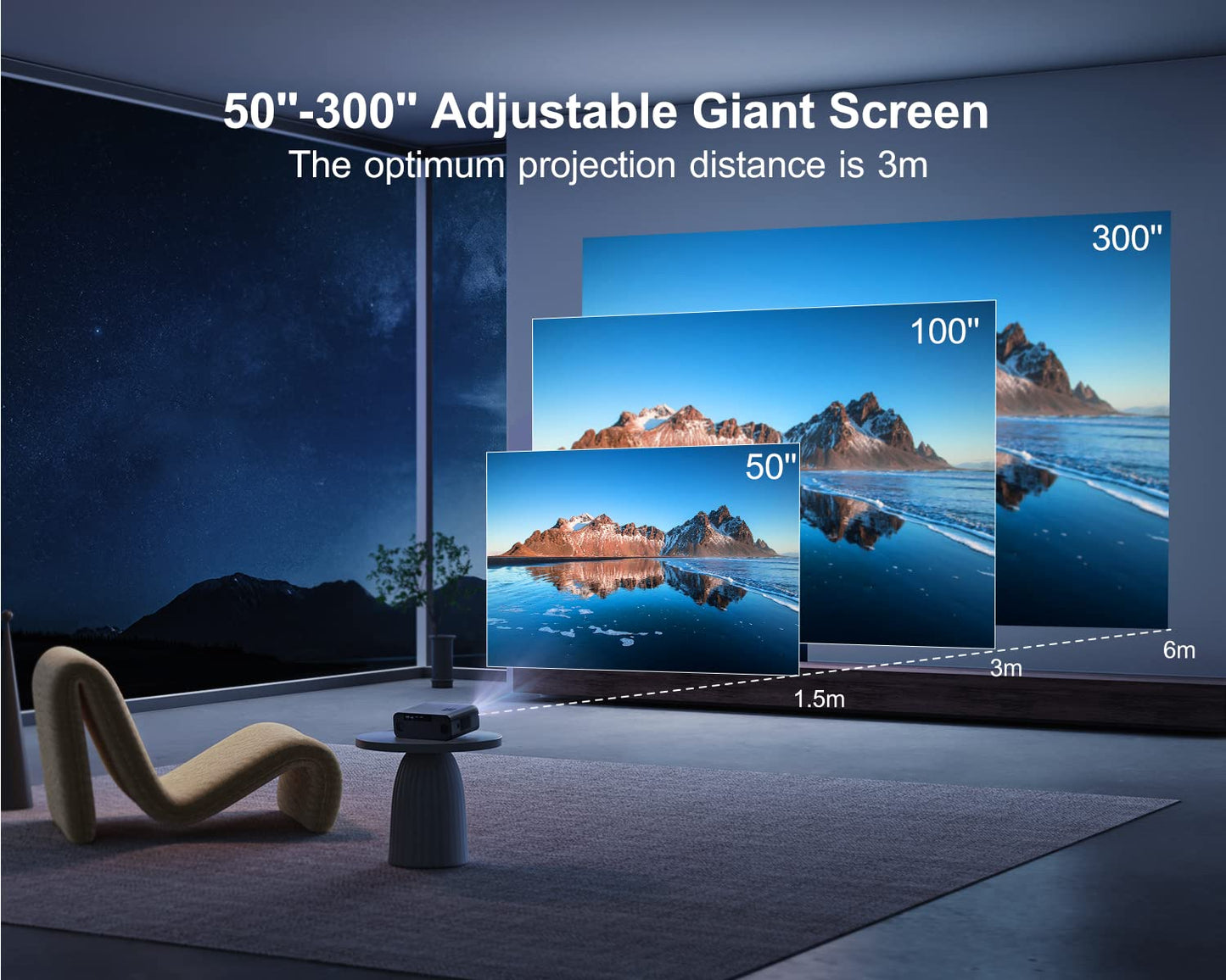 Proyector WiMiUS P62 Blanco con WiFi 6 y Bluetooth 5.2, 600ANSI Nativo 1080P y Auto 6D Keystone para iOS/Android/TV Stick