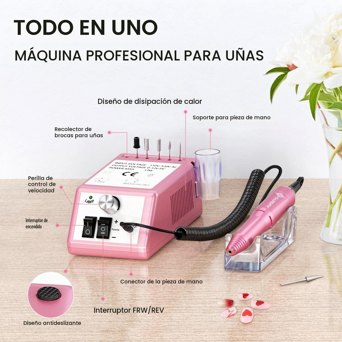 Kit de Manicura y Pedicura Máquina Taladro de Uñas Eléctrico Profesional con Limas y Bandas de Lijado Marca Finger Toe Nail Care Rosa
