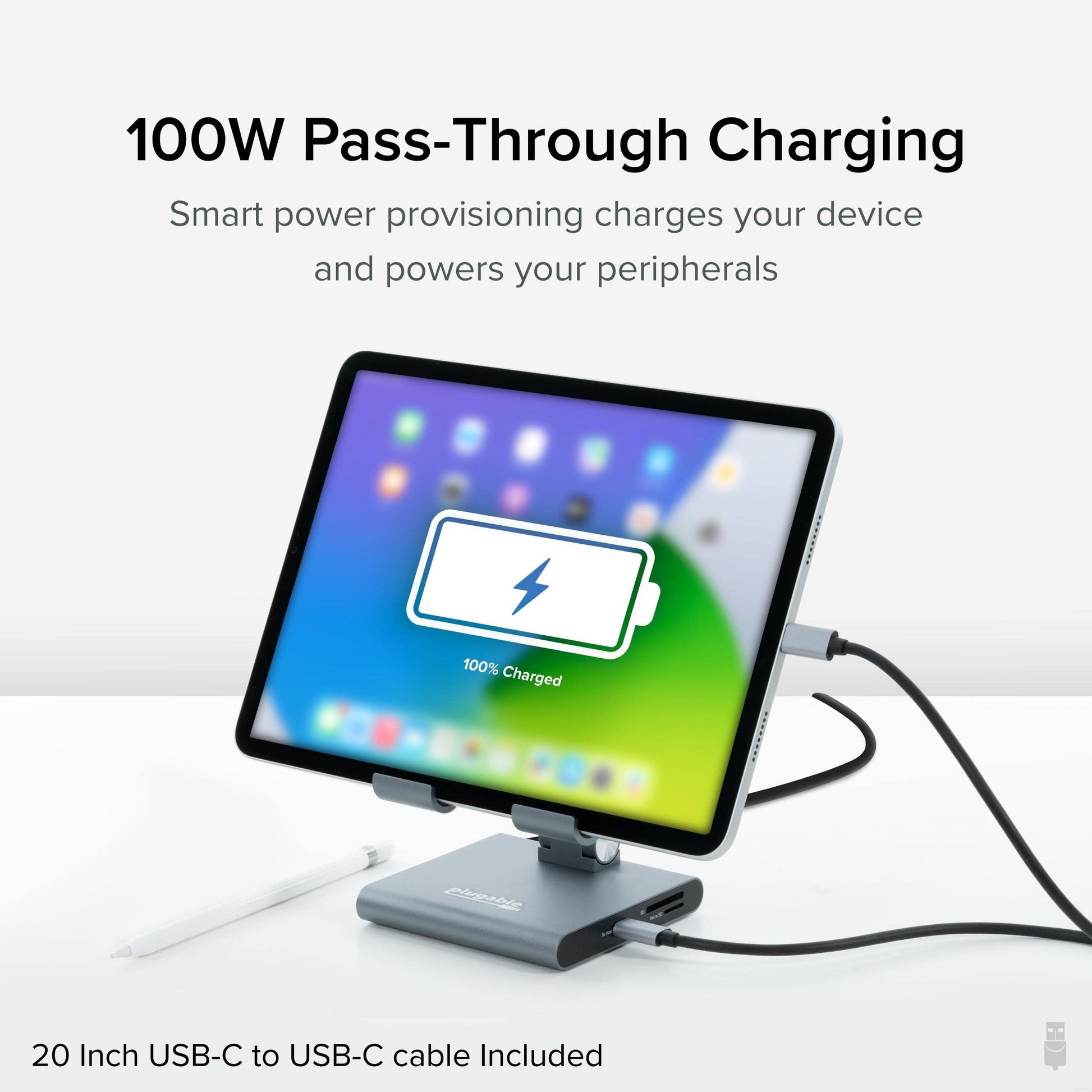 Hub USB C Plugable gris compatibilidad iPad con soporte y carga de 100W
