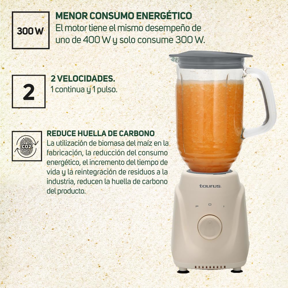 Licuadora de 1L Taurus, 350 Watts 2 Velocidades, Acople Easy Fit de Larga Duración, Cuchillas de Acero Inoxidable, color blanco, modelo MENINAGLASSEC