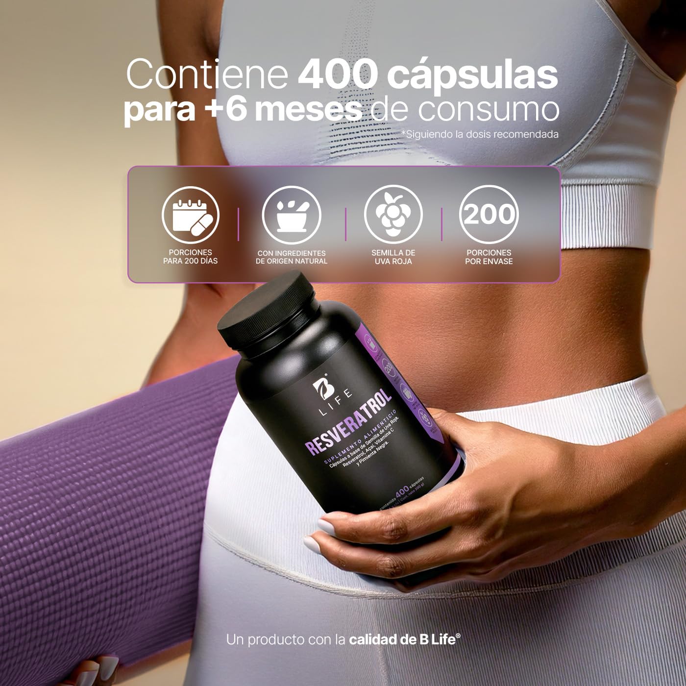 B Life Resveratrol | Antioxidante de 1000 mg por porción | 400 Cápsulas | Pimienta negra, Uva Roja, Acai y Vitamina C | Ingredientes Naturales | Resveratrol.