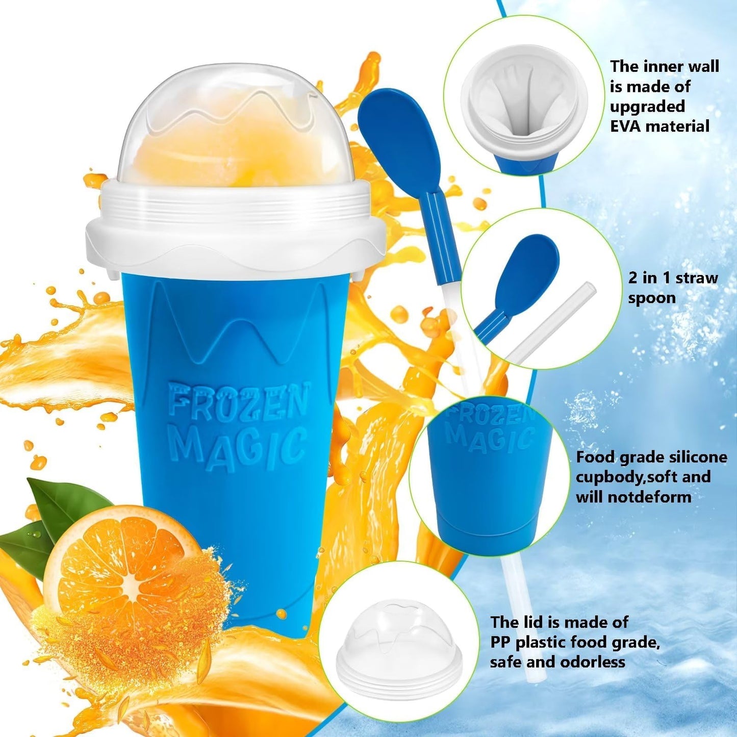 Magic Quick Frozen Smoothies Maker – Máquina grande de granizados, taza para apretar DIY (azul y amarillo)
