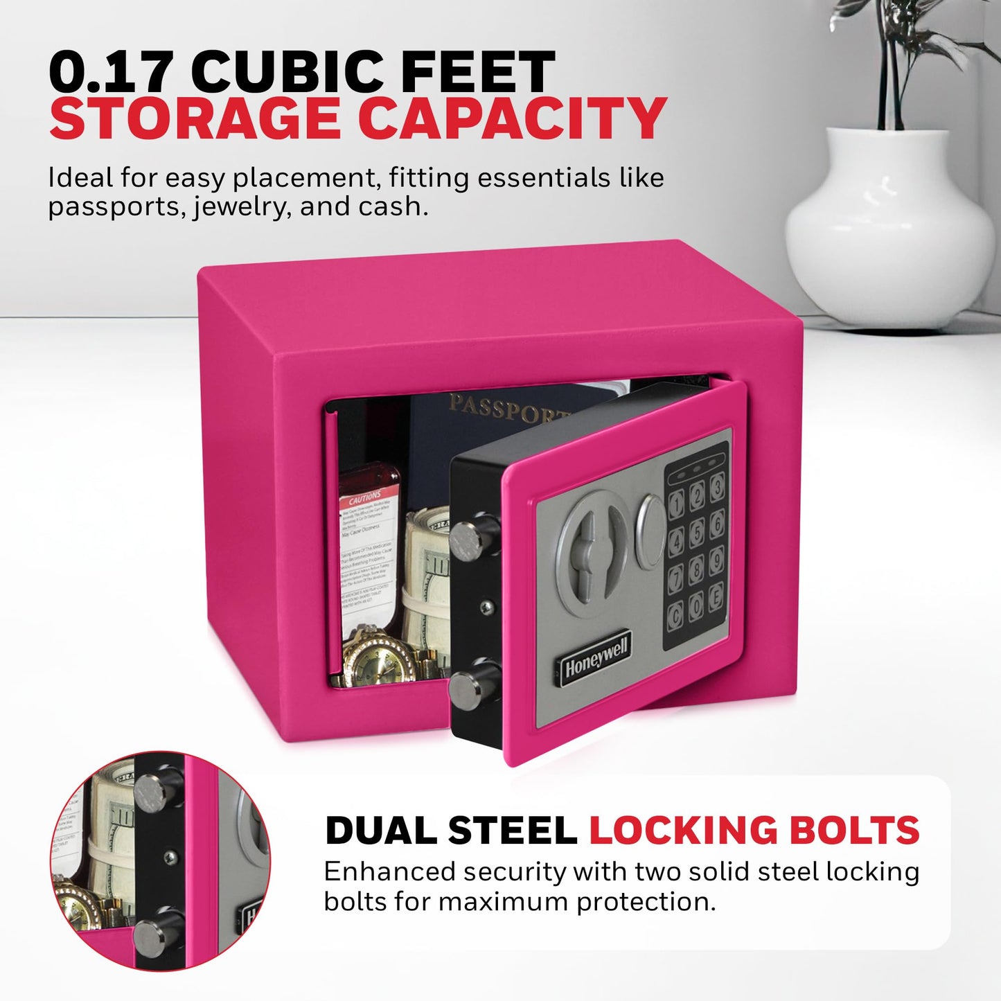 Honeywell - Caja de Seguridad de Acero de 0,17 pies cúbicos, 0.17 Cubic Feet, Rosado