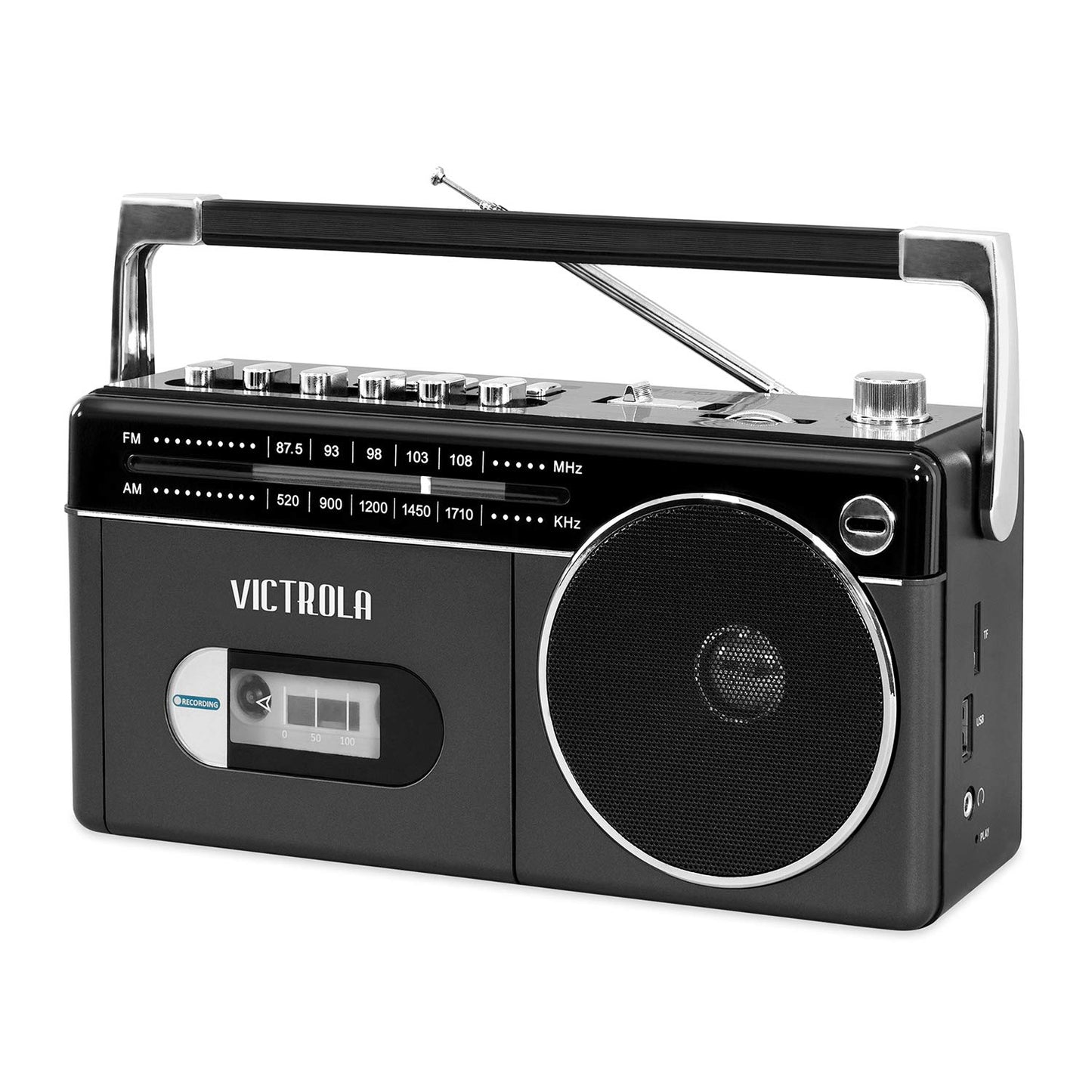 Mini Boombox Bluetooth Victrola Gris con Radio Am/Fm y Reproductor de Casetes