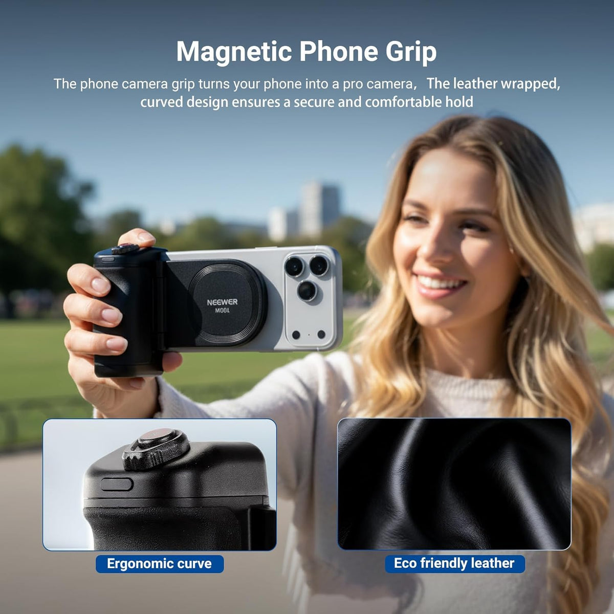 Grip de Cámara Magnético NEEWER Negro con Carga Inalámbrica y Batería 3500mAh para iPhone y Samsung