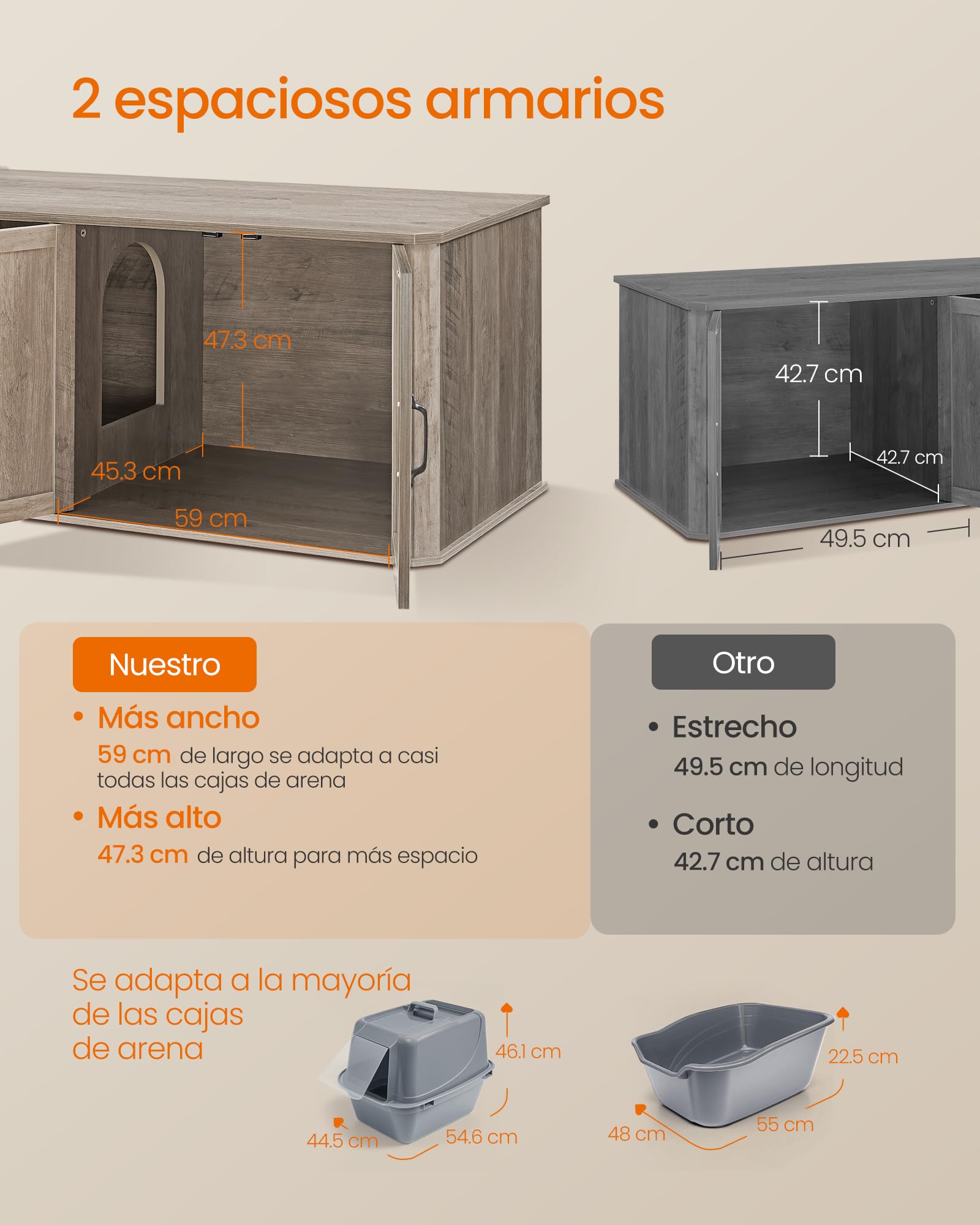 Feandrea Mueble Arenero para Gatos, Caja de Arena para 2 Gatos, Mesa Auxiliar, 145.6 x 48.5 x 50 cm, Greige Mélange MPCL010G01