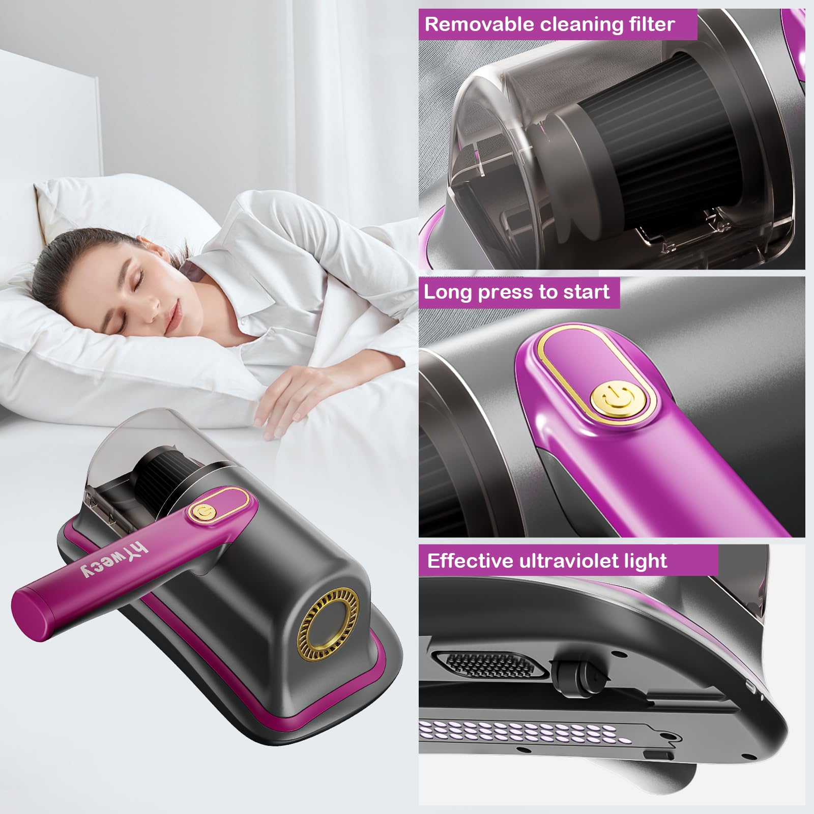 HYwecy Aspiradora inalámbrica para cama, 6600 mAh, inalámbrica, portátil, con protección UV, ligera, de dos velocidades, para cama, sofás, almohada