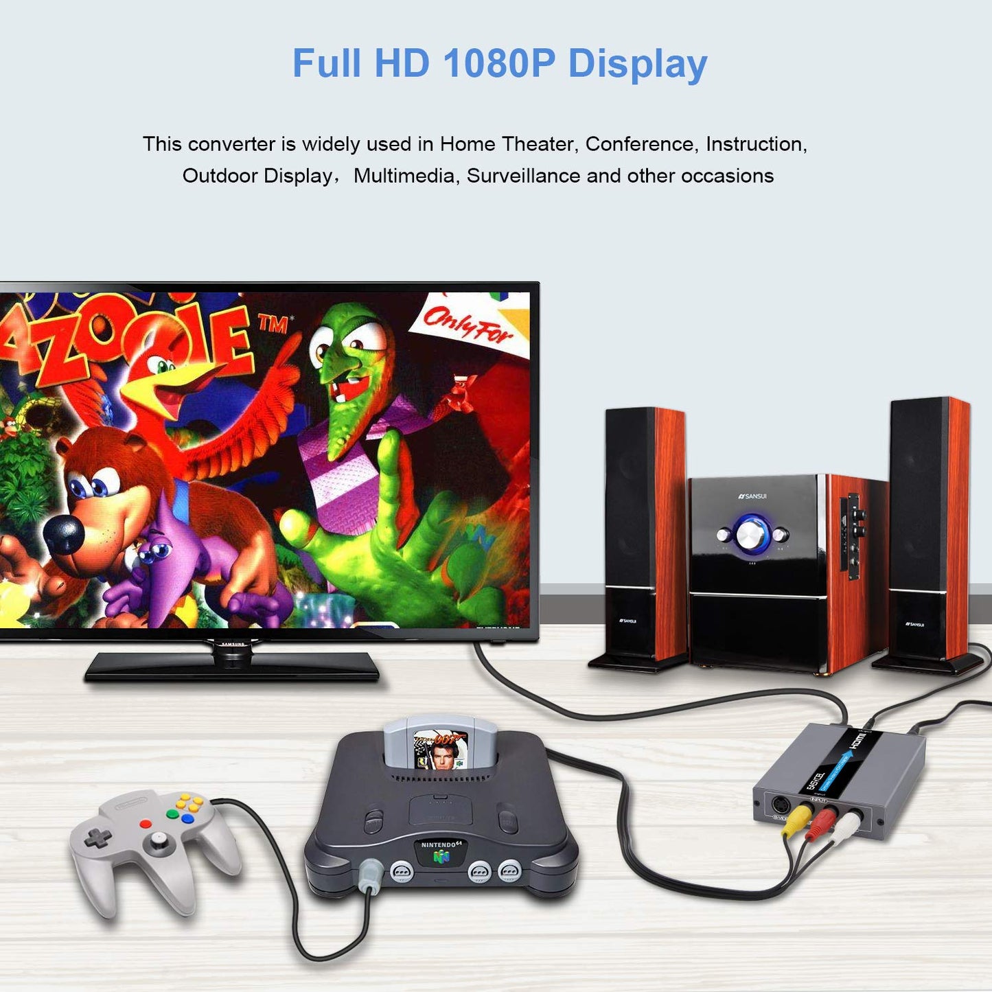 EASYCEL Convertidor RCA Svideo a HDMI, RCA compuesto CVBS AV o Svideo + entrada de audio R/L a salida HDMI, compatible con interruptor de salida 720P/1080P para N64, PS2, Wii, DVD