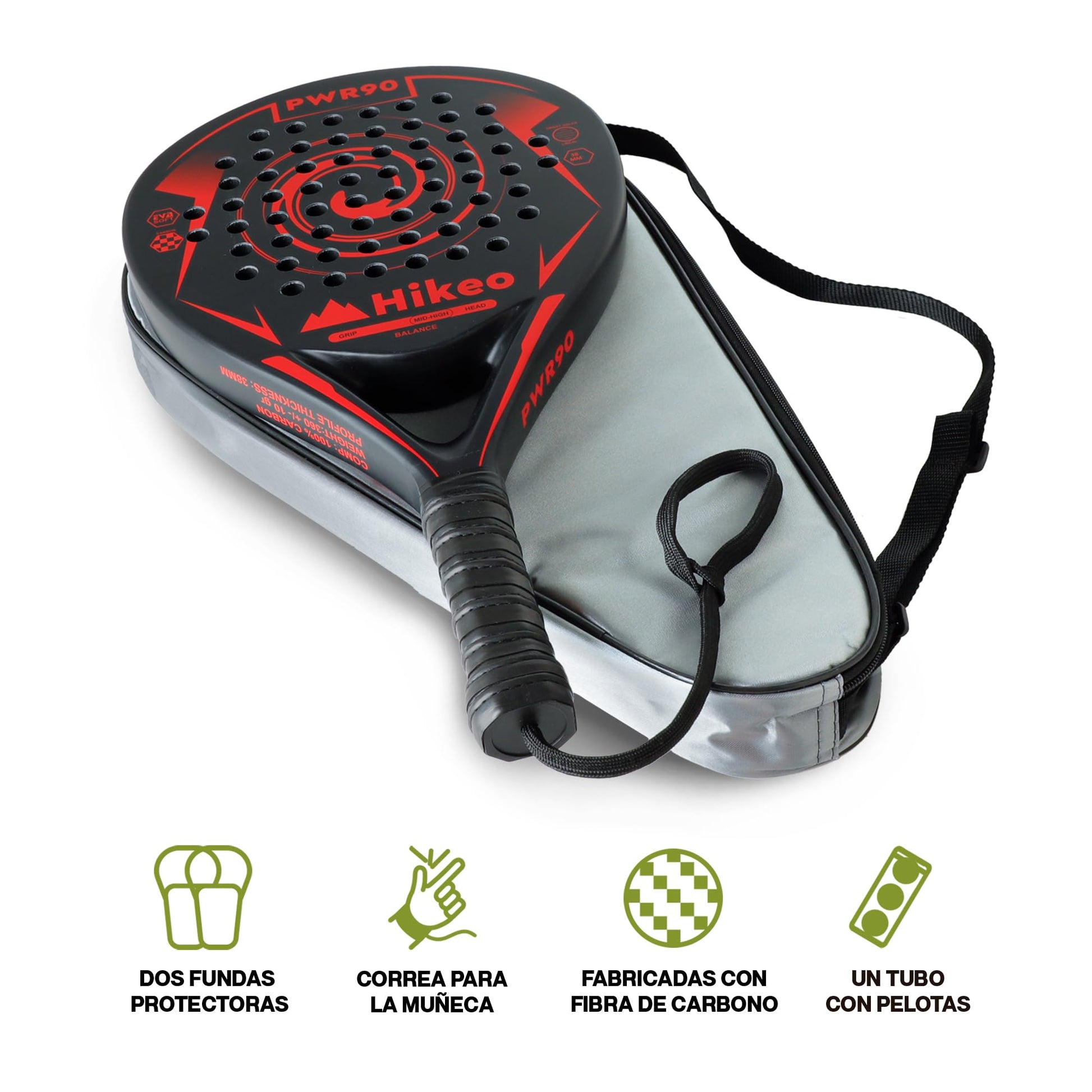 Hikeo Pala de Pádel con Funda, 3 Pelotas y Grip, Kit de Raqueta para Pádel Fabricada con Espuma EVA Flexible y 100% Fibra de Carbono, Resistente y Ligera, para Principiantes e Intermedios