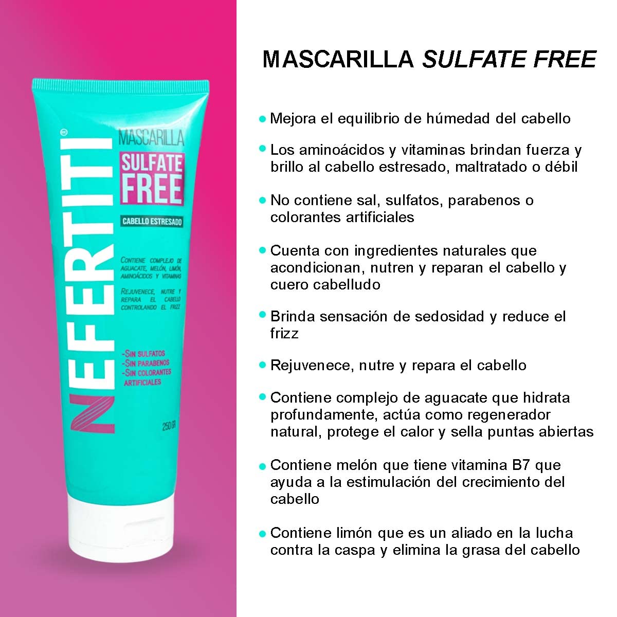 Kit para Cabello Dañado Estresado Shampoo Sin Parabenos y Mascarilla Sulfate Free Nefertiti, Fortalece, Revitaliza y da Mas Brillo al Cabello Débil y/o Maltratado