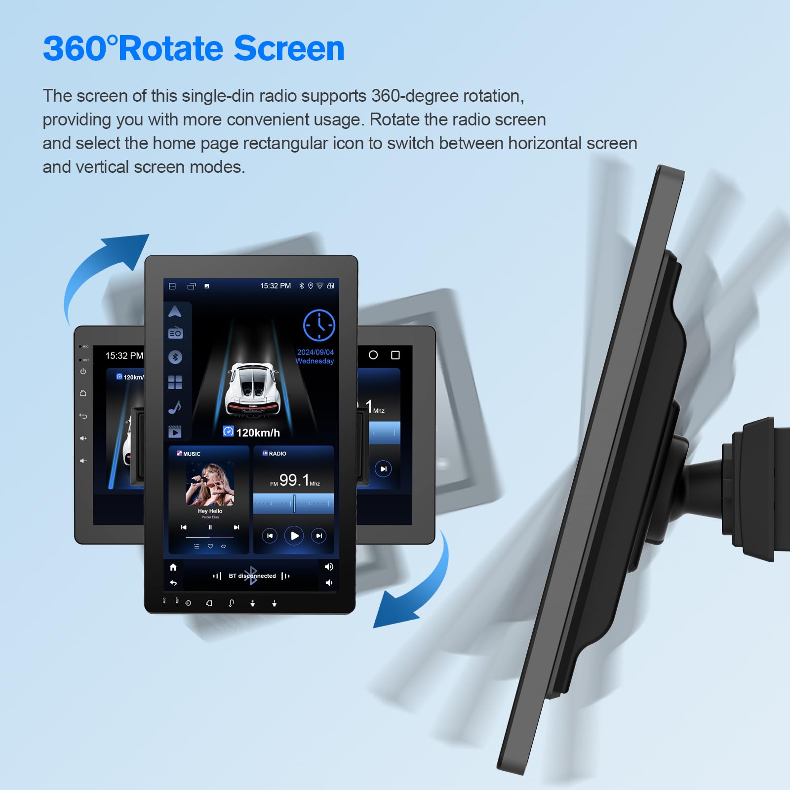 visualización táctil giratoria de 10.1 pulgadas para coche estéreo de un solo din: Android 13, inalámbrico CarPlay/Android Auto, CPU de 4 núcleos, 2 GB + 32 GB, navegación GPS, sonido Hi-Fi y