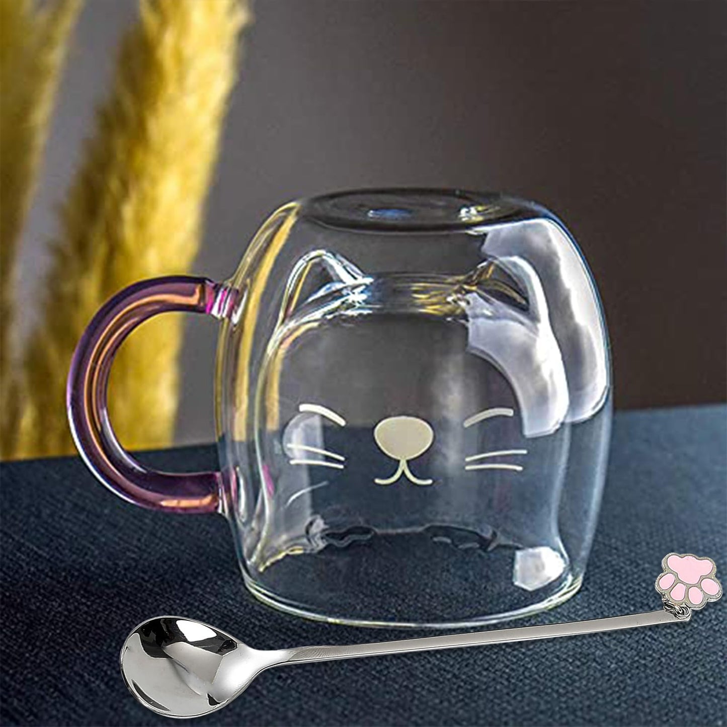 Binoster - Taza con aislamiento de doble pared de vidrio, taza de café, taza de té, taza de leche, regalo para oficina, cumpleaños, uso personal, de Navidad (gato púrpura)