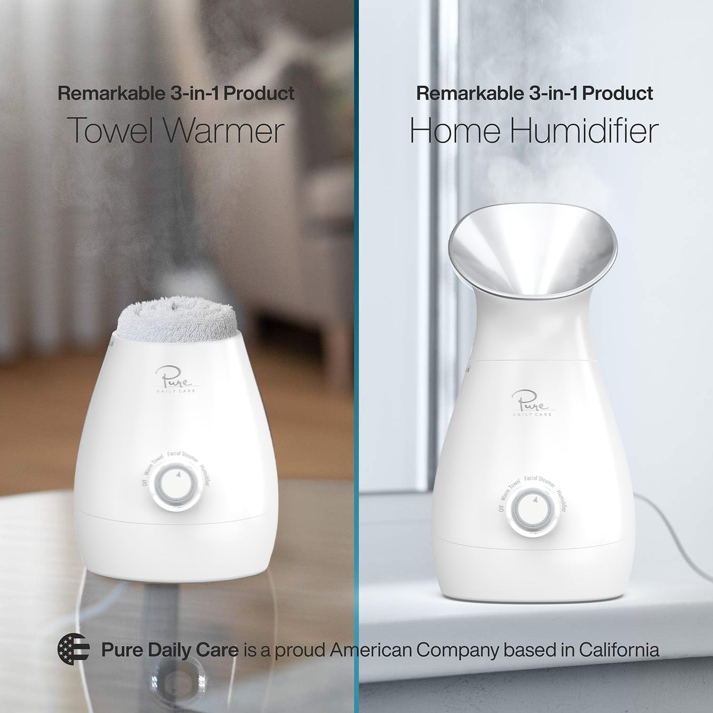 Pure Daily Care Nanosteamer Vaporizador Facial Nano Iónico Grande 3 En 1 Con Control de Temperatura Preciso - Humidificador - Desobstruye Los Poros - Puntos Negros - Calidad Spa - Bonus Kit de Piel de