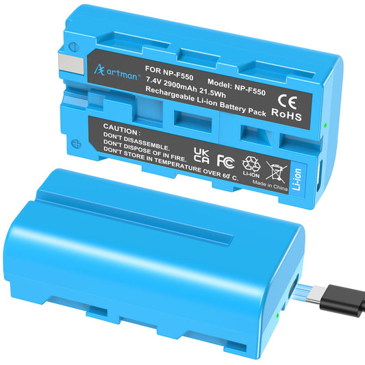 Artman Batería Mejorada NP-F550 2900mAh 2-Pack con Puerto de Carga Directa Tipo-C para Sony NP-F970 F750 F550 F330 F530 F570 F770 F960, CCD-SC55, TR516 TR716 TR818 TR910 TR917 Luz LED, Monitor (Azul)