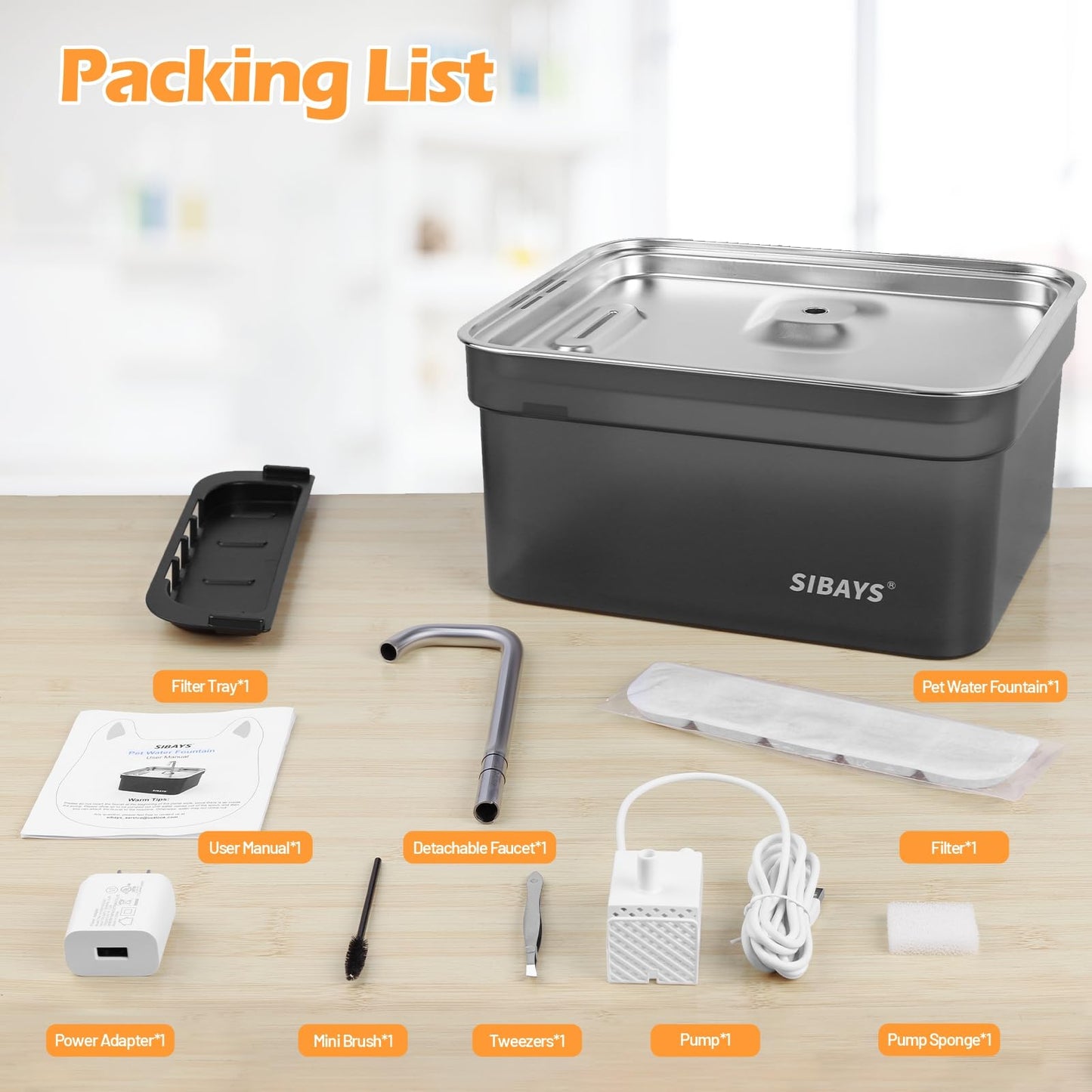 Fuente de Agua Automática SIBAYS Gran Capacidad Acero Inoxidable Ultra Silenciosa para Mascotas