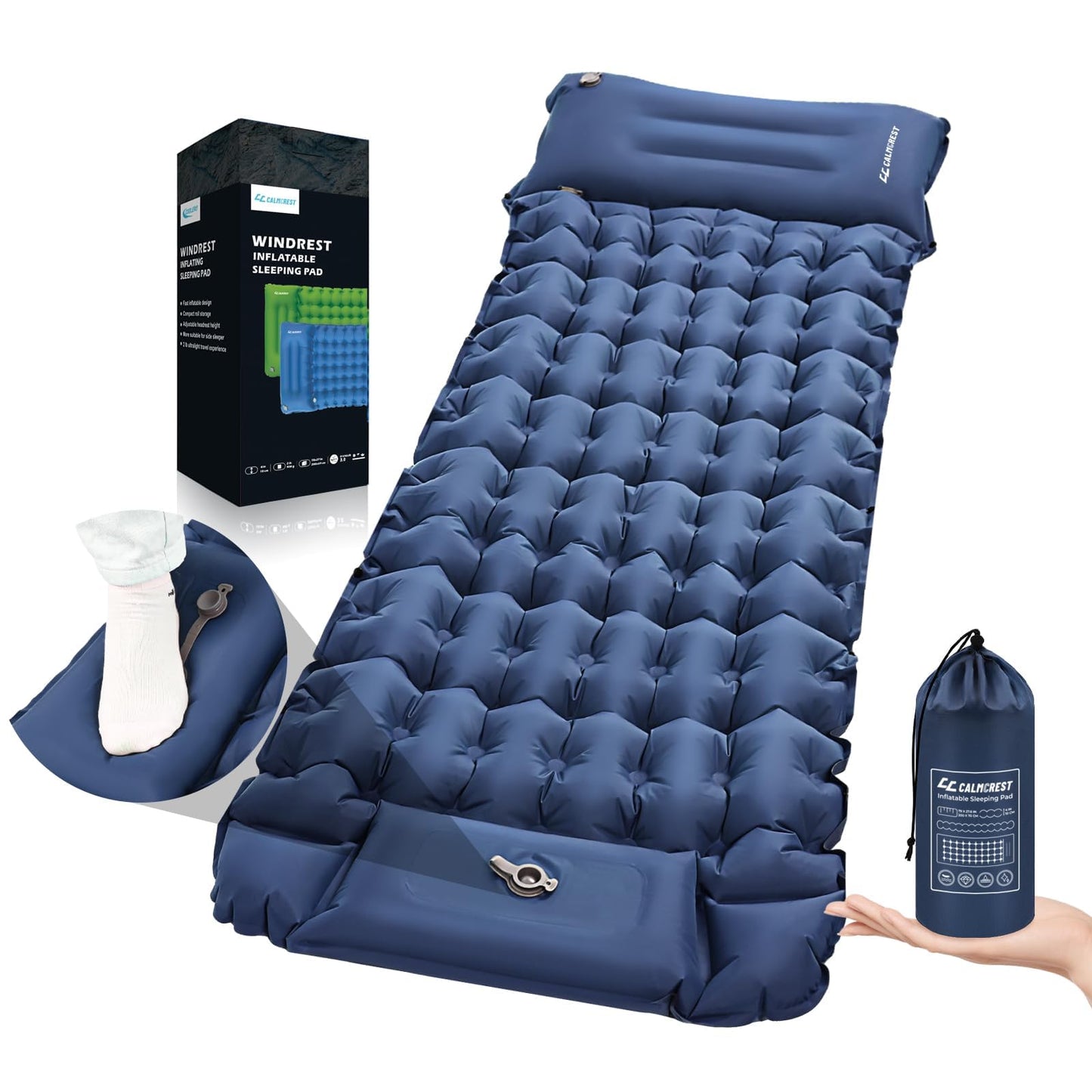 CALMCREST - Almohadilla de dormir para acampar, 4 pulgadas de grosor con aislamiento para invierno, colchón inflable ultraligero con almohada ajustable, alfombrilla de dormir compacta integrada para