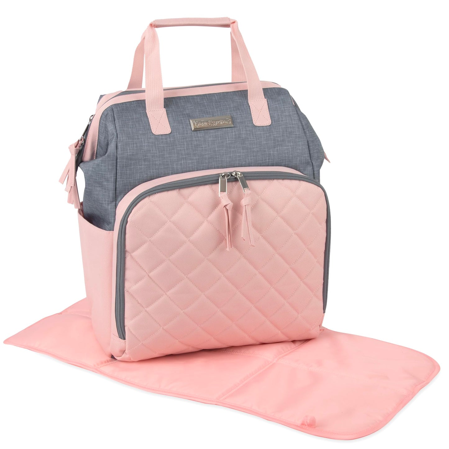 Baby Essentials - Mochila de pañales con marco principal súper enfriadora con cambiador, correas para carriola, compartimento aislado para botellas, Rosado/Gris, Mediano, Mochila para pañales
