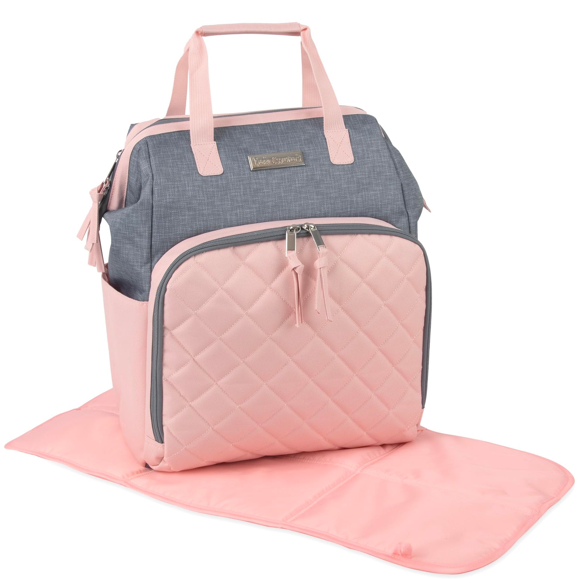 Baby Essentials - Mochila de pañales con marco principal súper enfriadora con cambiador, correas para carriola, compartimento aislado para botellas, Rosado/Gris, Mediano, Mochila para pañales