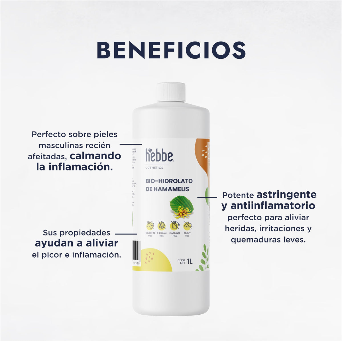 HEBBE - Hidrolato de Hamamelis 1 L | Estimula Colágeno | Fijador de Maquillaje | Ideal para Pieles Sensibles | Efecto Anti-Edad
