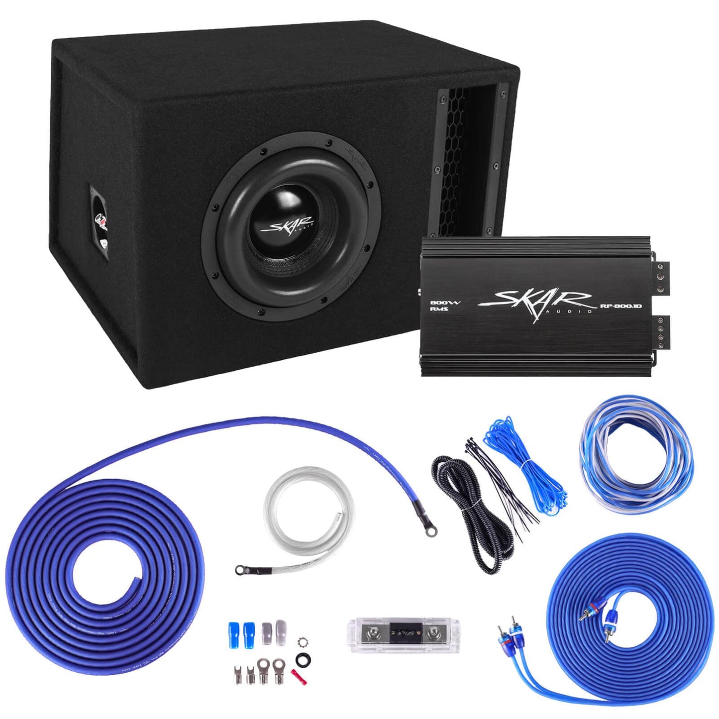 Skar Audio Single 8" Completo 1200 W Serie EVL Subwoofer Paquete de graves – Incluye caja cargada con amplificador