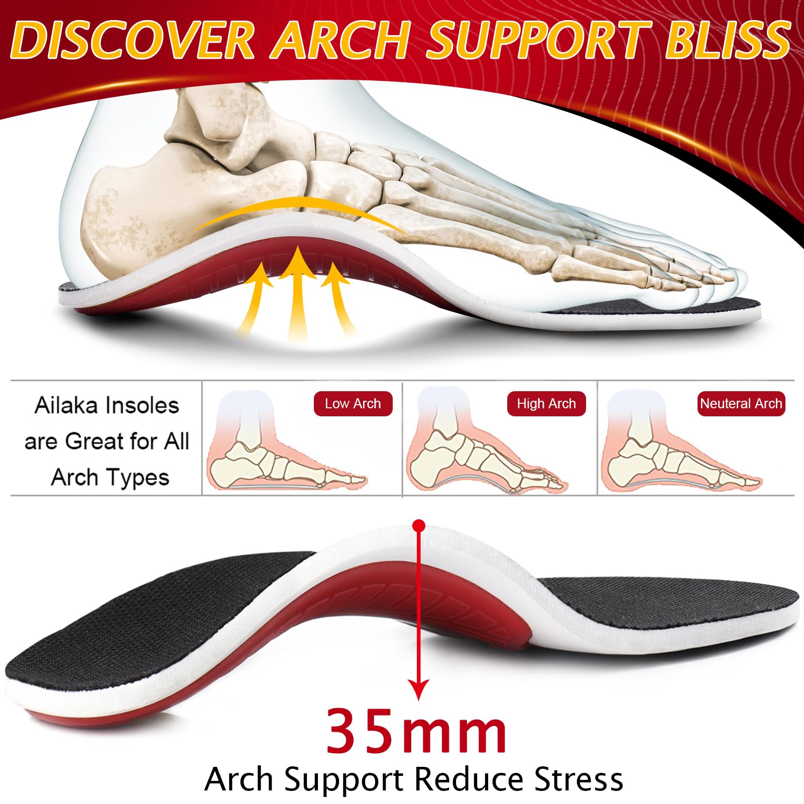 Ailaka - Plantillas de zapatos de soporte de arco alto para pies planos, plantillas ortopédicas de arco alto para hombres y mujeres, plantillas de alivio de la fascitis plantar, Negro -, 9-12 M US