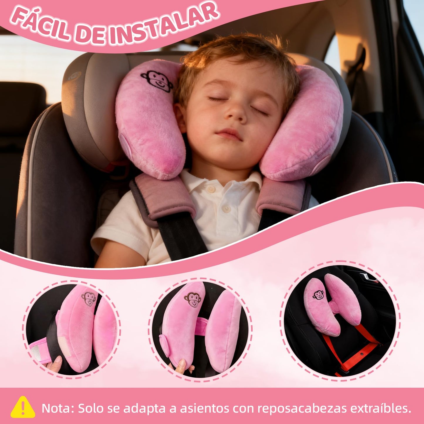 REKOBON Reposacabezas de Viaje Ajustable para Bebés, Paquete de 2, Rosa