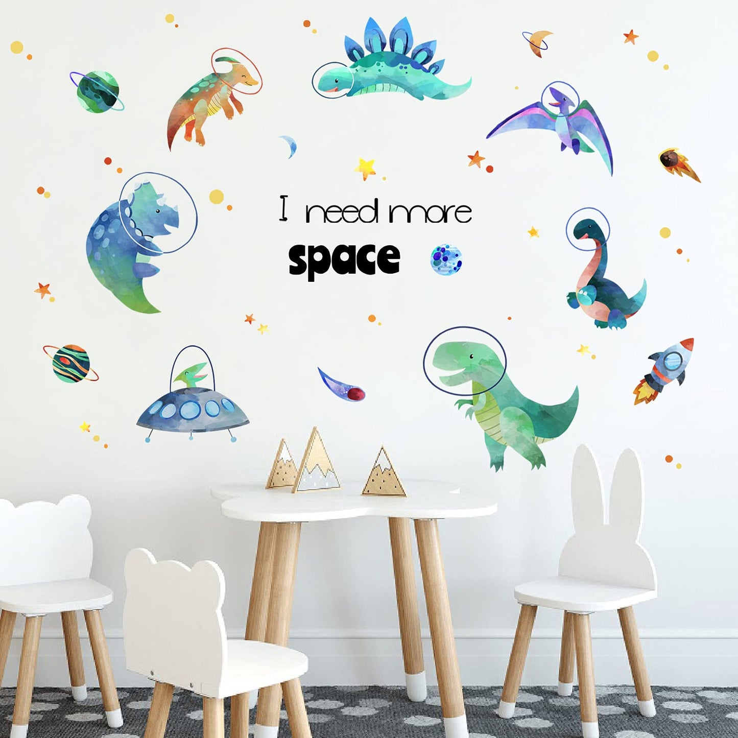 Yovkky - Calcomanía de pared para niños, dinosaurios espaciales, astronautas, divertidos adhesivos de dinosaurio, planeta de animales de dinosaurio, decoración de cohetes, decoración del hogar