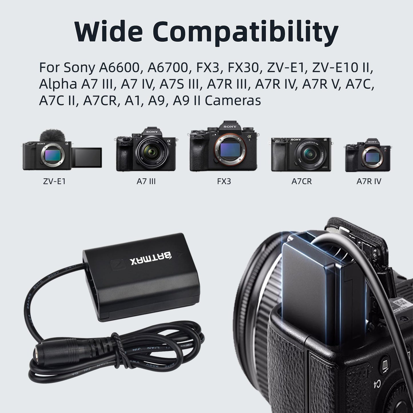 Batmax NP-FZ100 Adaptador de corriente CA y acoplador de CC Kits de cargador de batería simulado para cámaras Sony Alpha A7IV A6600 A6700 ZV-E1 A7III A7SIII A7C A1 FX3 A7R3 A7R IV, A9 A9R A9S