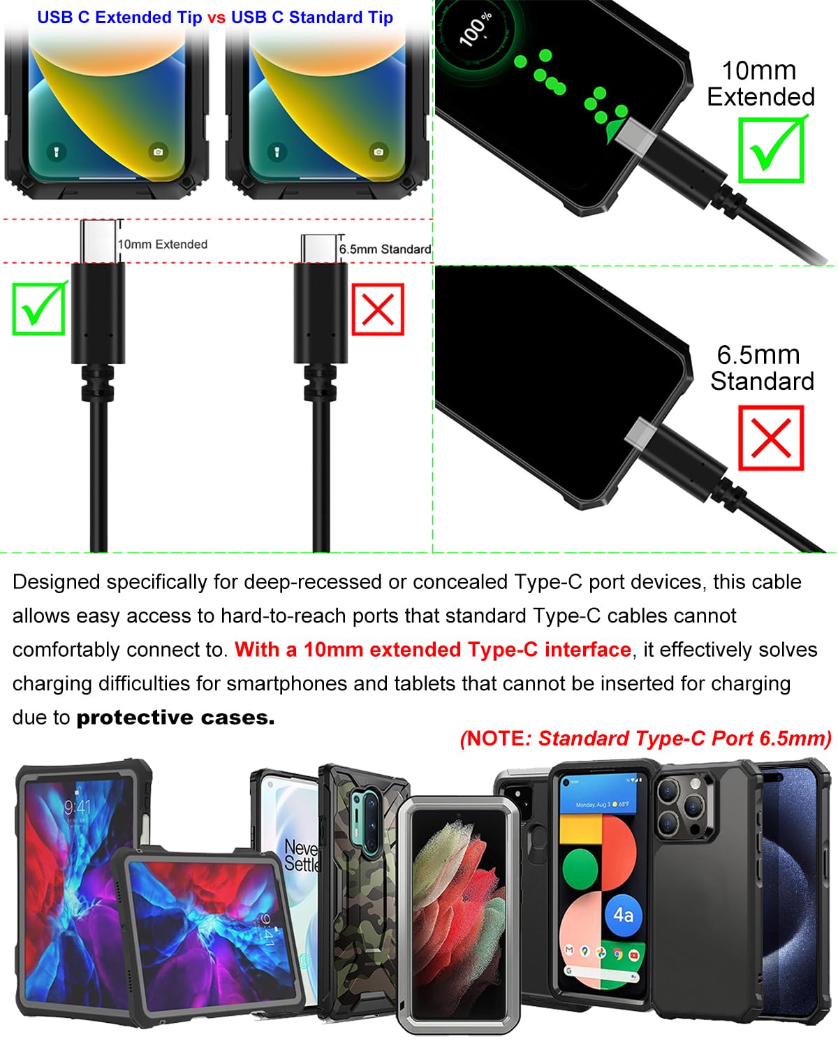 2M Cable de Carga Rápida USB Tipo C para Blackview BL6000 Pro / BV5100 BV5900 BV6100 BV6300 BV6900 BV9000 BV9100 BV9500 Plus BV9600 BV9600E BV9700 BV9800 BV9900E BV9900 Pro IP68/69K Movil Resistente