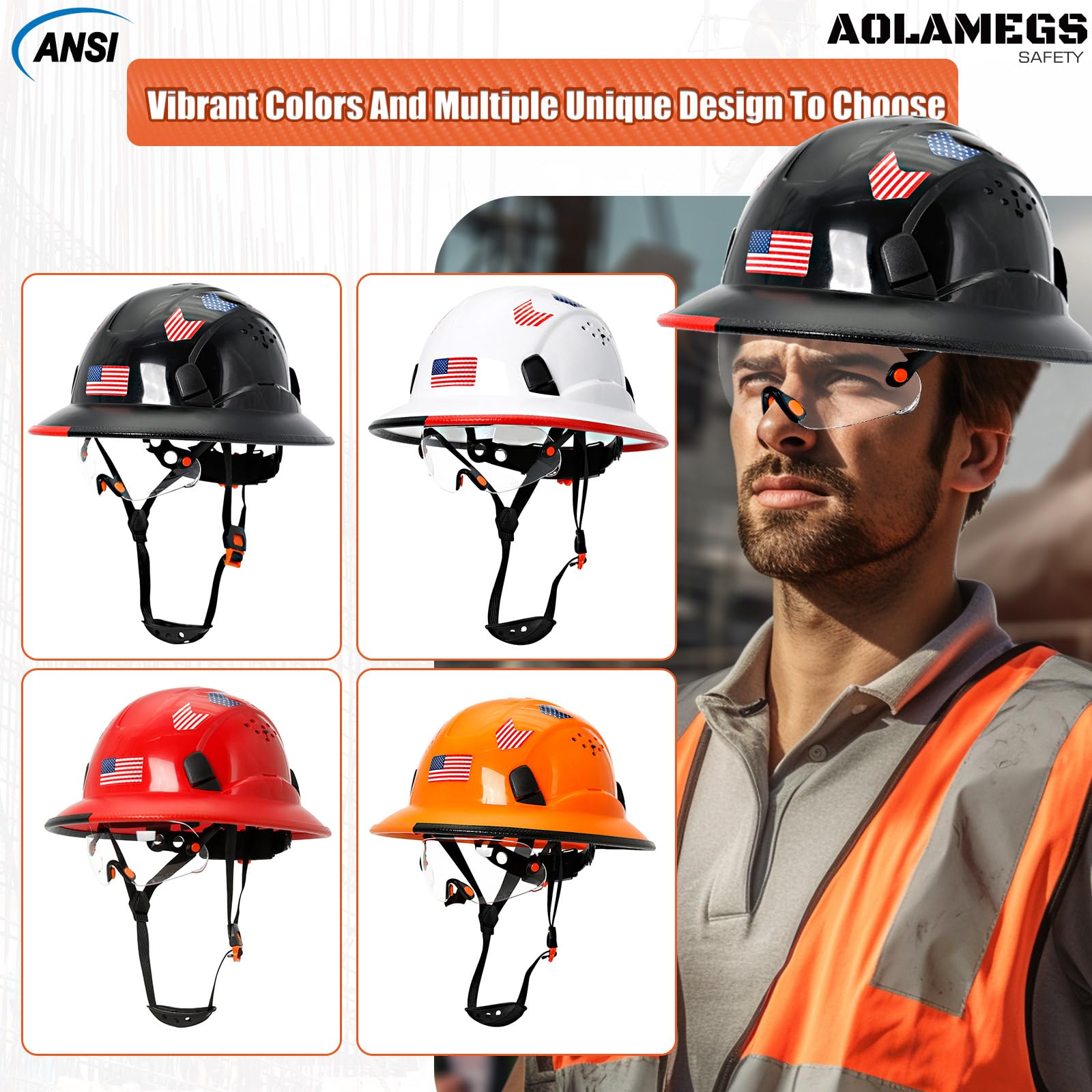 Cascos duros de borde completo con visera de construcción aprobados por OSHA - Cascos duros ventilados para hombres, Casco duro negro con correa para la barbilla, seguridad negro con visera tintada