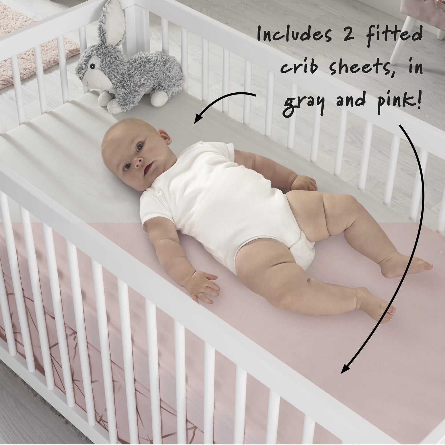 OBERLUX Juego de ropa de cama para cuna para niñas, juego de cama de 4 piezas, geométrico, oro rosa, rosa polvo y mármol, colección preciosa