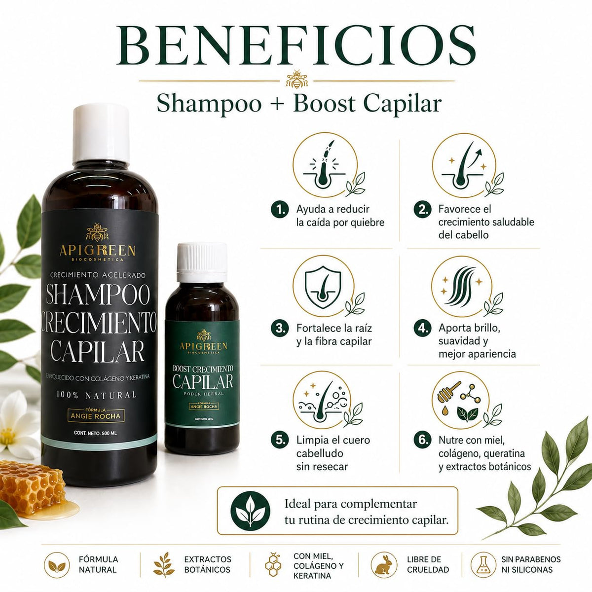 Shampoo Apigreen para Crecimiento Acelerado de Cabello - Fórmula con Boost Capilar para Fortalecer y Nutrir el Cuero Cabelludo - Con Ingredientes Naturales