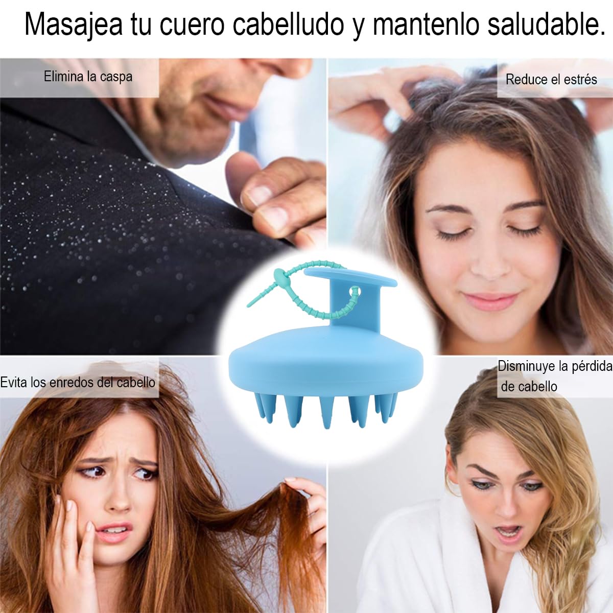Masajeador de Cuero Cabelludo Cepillo de Silicona Azul para Uso Seco y Húmedo con Cerdas Suaves para Hombre y Mujer