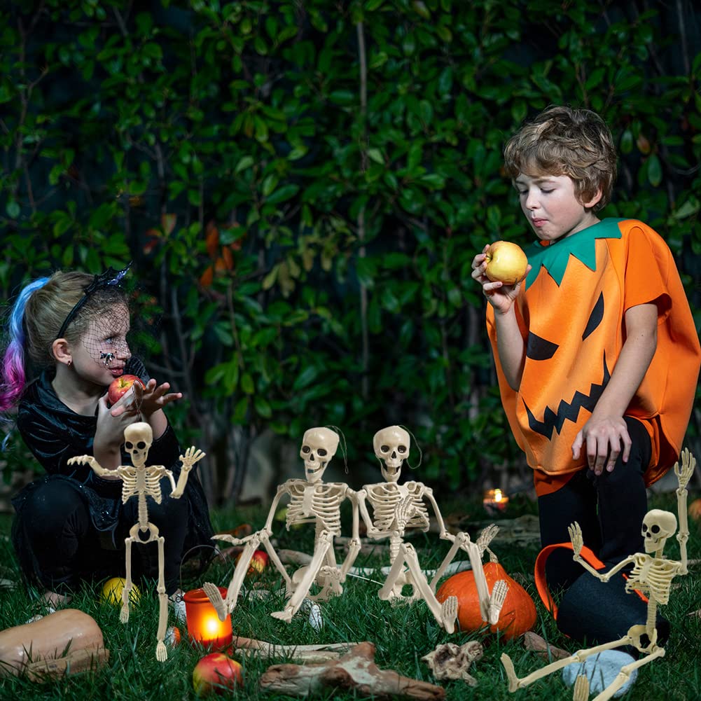 CAMIRUS - 6 decoraciones de esqueleto de Halloween, de cuerpo completo de 16 pulgadas, pequeños huesos de plástico con articulaciones móviles posibles para Halloween, fiestas en interiores y