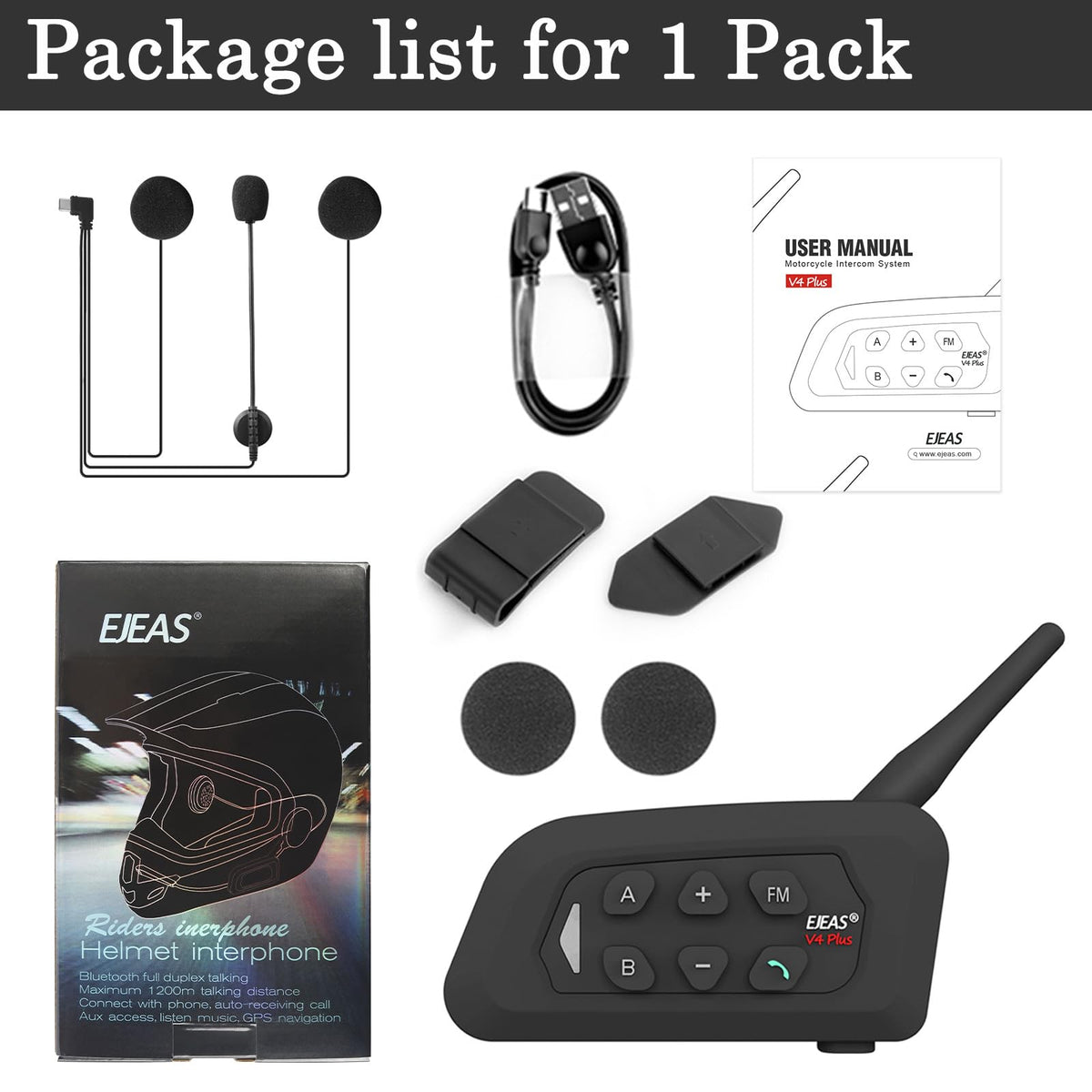 Sistema de Intercomunicador Bluetooth para Cascos de Motocicleta GaiRen V4 Plus Negro 4 Unidades