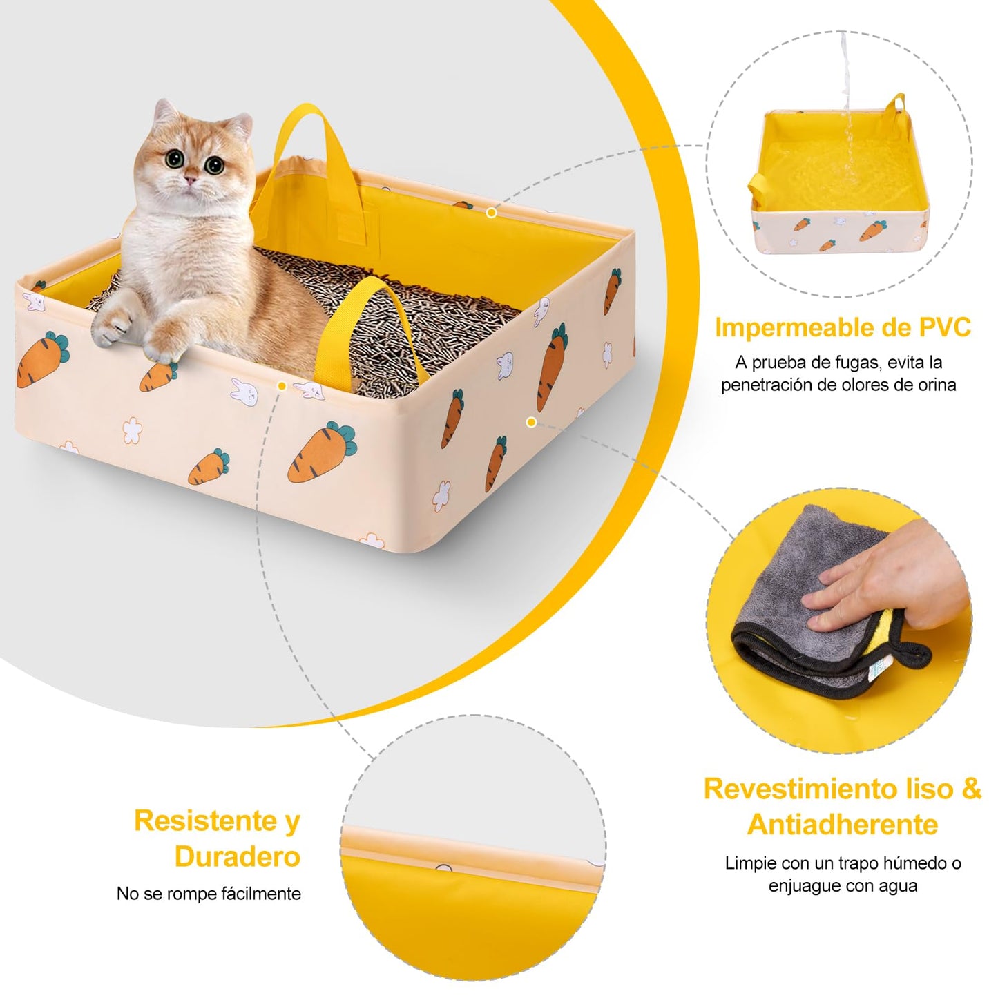 LESUCCI Caja de Arena para Gatos Portátil, Caja de Arena Plegable para Gatos con Asa Estándar para Viajes, Sin Fugas, Impermeable, Ideal para Gatos Medianos Y Pequeños, Fácil de Limpiar (Amarillo)