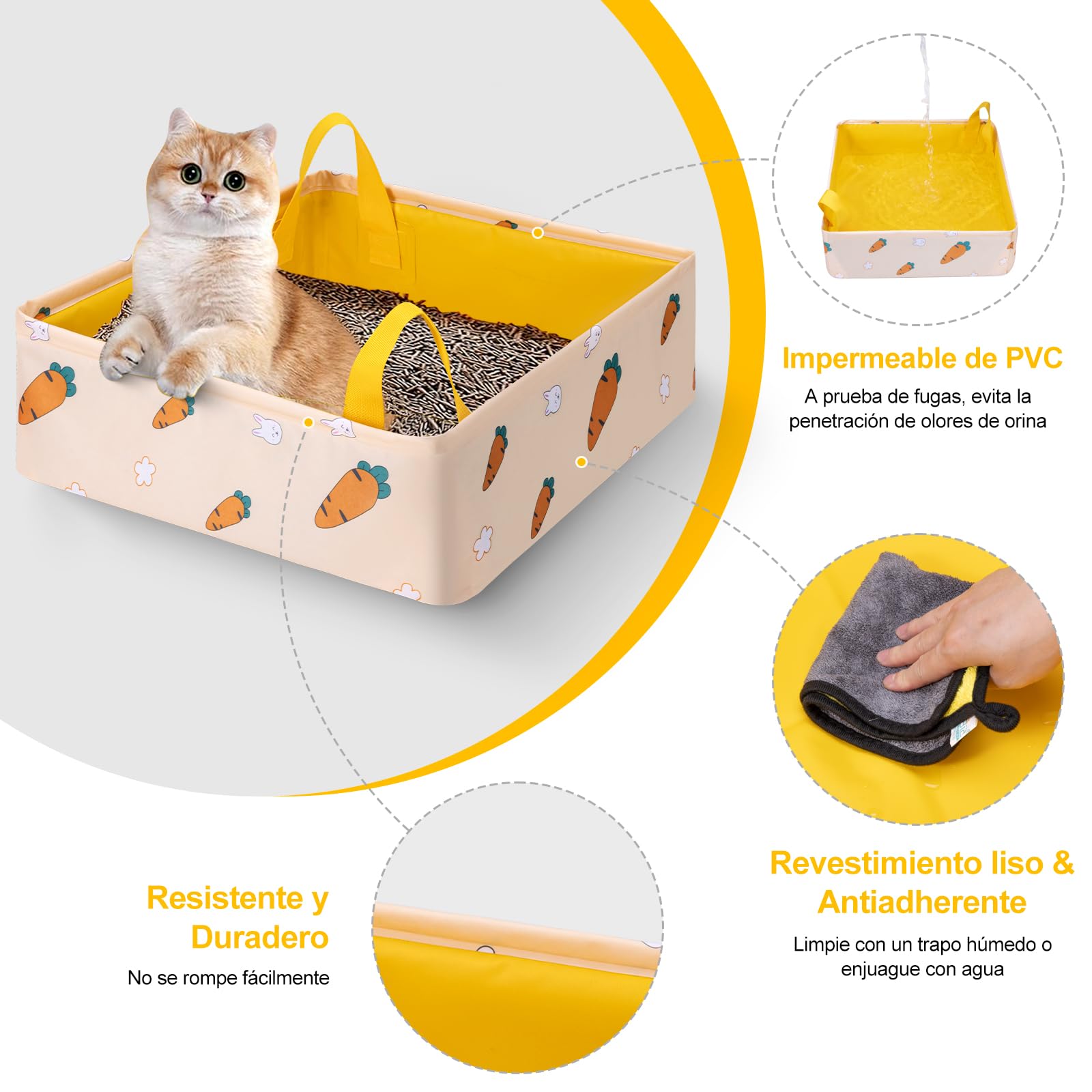 LESUCCI Caja de Arena para Gatos Portátil, Caja de Arena Plegable para Gatos con Asa Estándar para Viajes, Sin Fugas, Impermeable, Ideal para Gatos Medianos Y Pequeños, Fácil de Limpiar (Amarillo)