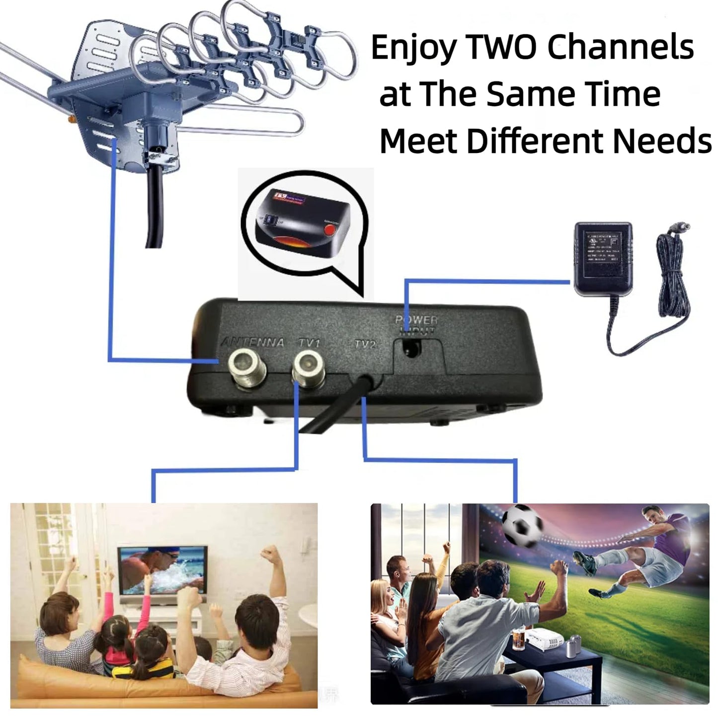 Antena de TV para exteriores con poste de montaje y cable coaxial RG6 de 40 pies, rango de 150 millas, rotación remota inalámbrica, soporte de 2 televisores, rotación de 360°