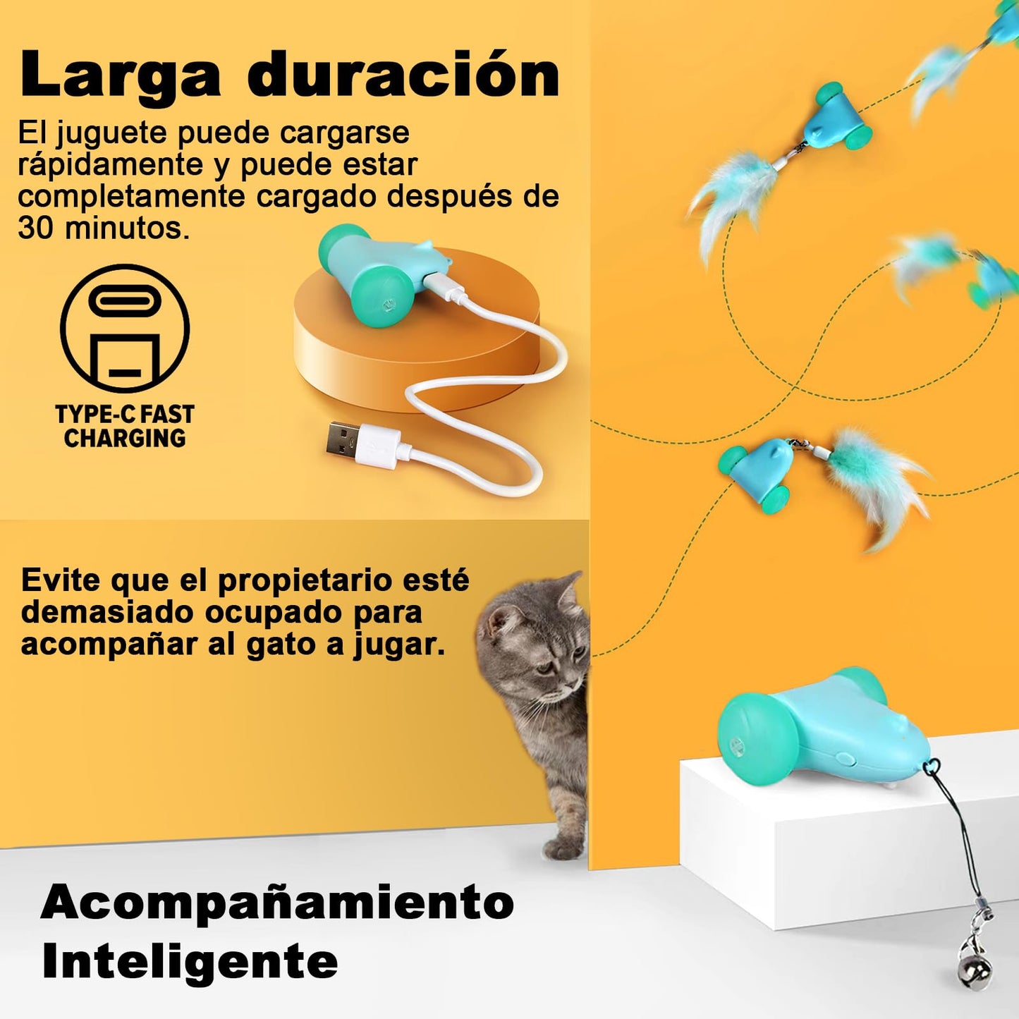 Juguetes Interactivos Ratón para Gatos en Interiores,Juguete Automático de Ratones para Gatos con Luces LED Intermitentes,USB Recargable Inteligente Ratones Juguetes con campanas, plumas y cintas