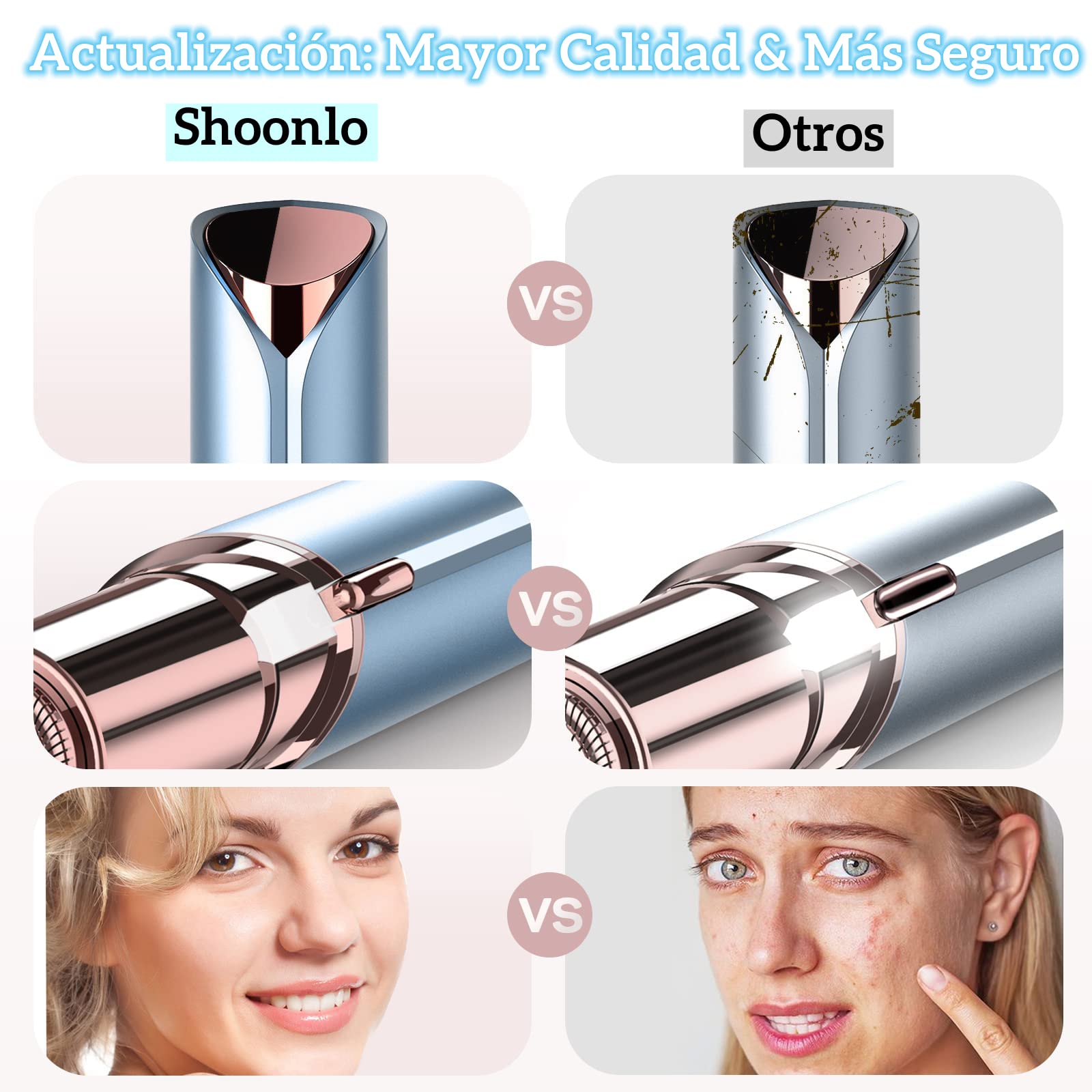 Depiladora Facial Mujer Recargable, Depilador Electrico USB, Depilación y Afeitadora para Mujer Sin Dolor para Labios/Bikini/Barbilla/Brazos/Axilas, 2 Cabezales de Repuesto Incluidos (Azul)