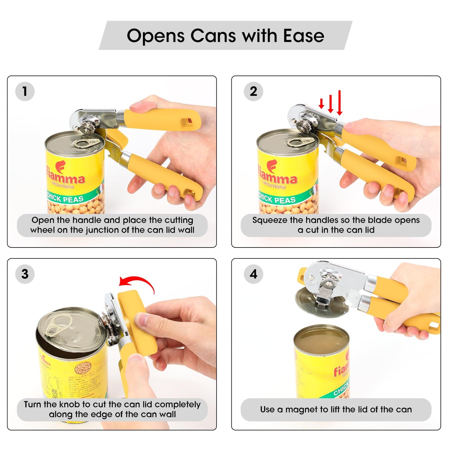 Beneno - Abrelatas manual con imán, abridor de latas de mano resistente con hoja afilada duradera y borde liso, gran perilla para ahorrar esfuerzo, mango de goma de agarre suave, abrebotellas