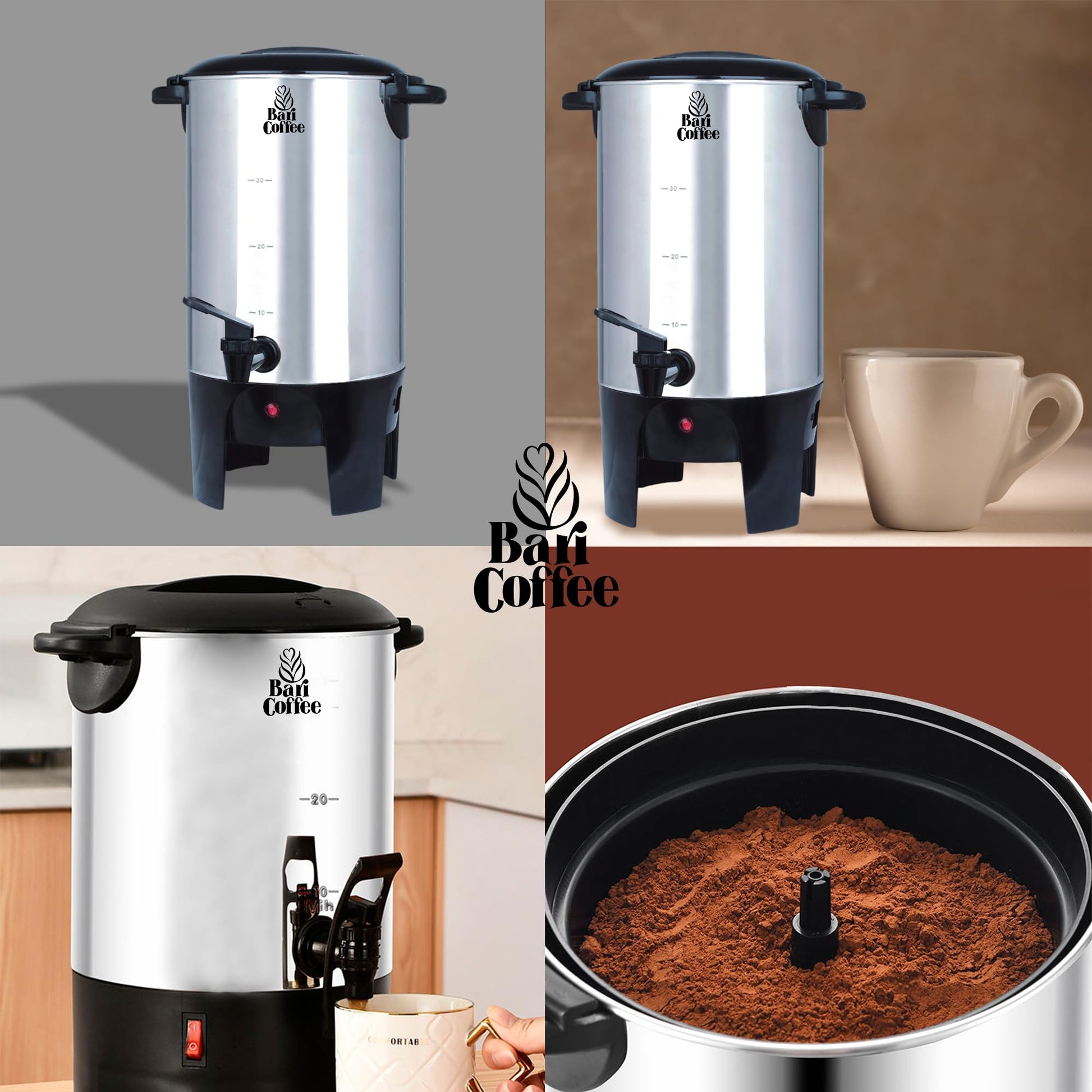 Baricoffee Cafetera 6 Litros, 40 Tazas, Cafetera Electrica, Tapa con Asas, Acero Inoxidable, Cafeteras Automaticas, Dispensador de Bebidas, Filtro Permanente Lavable, Dispensador de Bebidas Calientes
